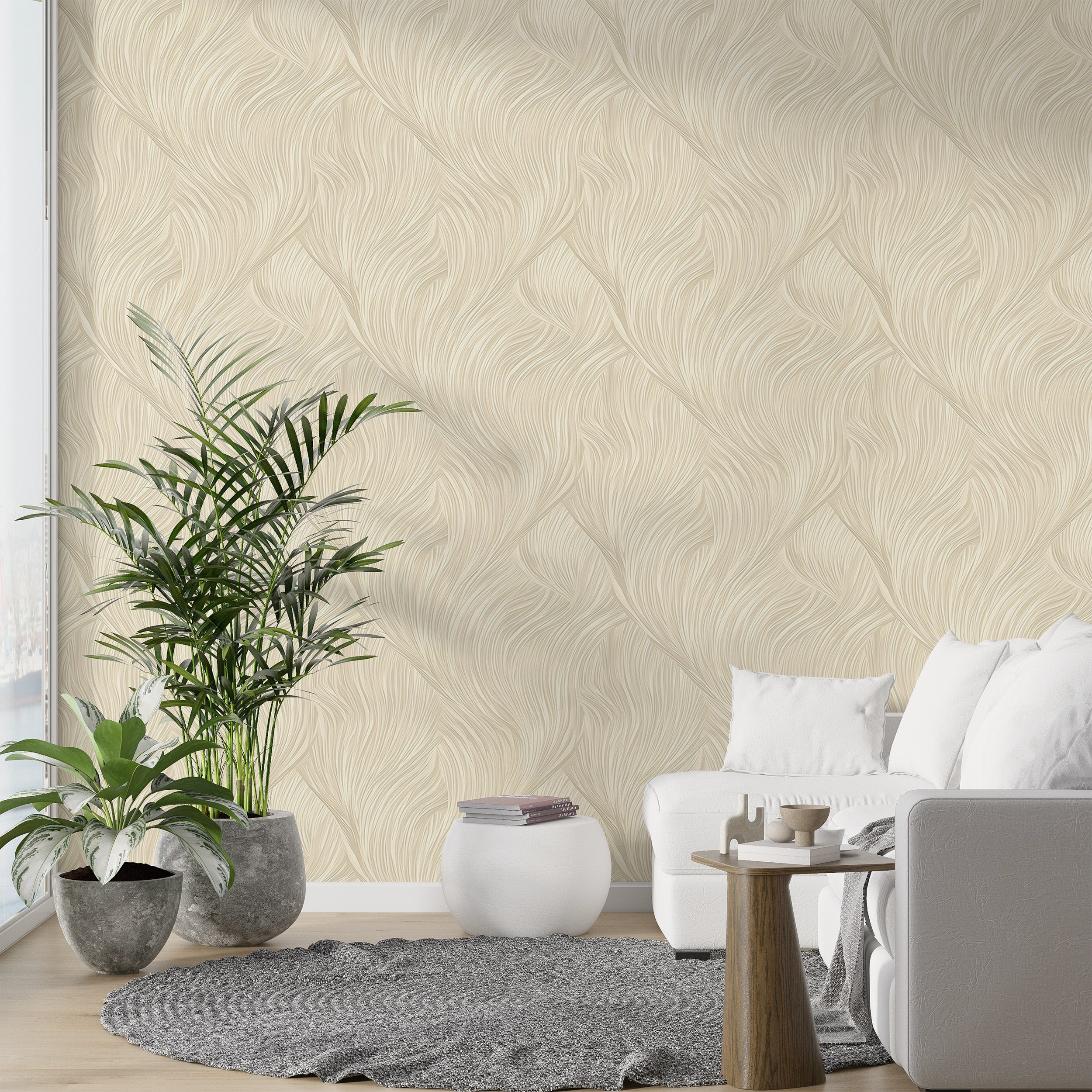 Elegant Beige Waves Wallpaper in Room Setting