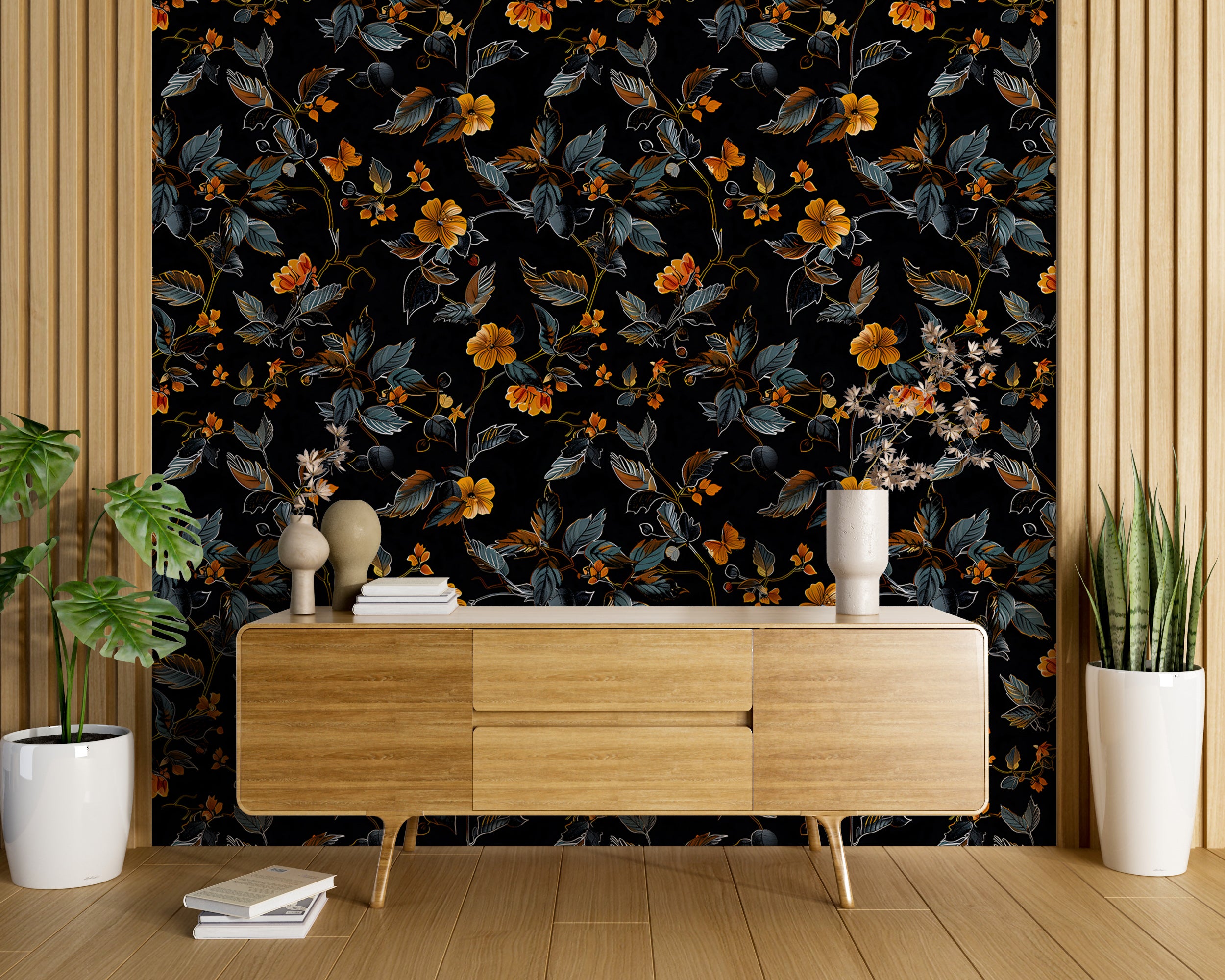 Abstract Dark Floral Wallpaper, Black and Orange Botanical Wallpaper, Peel and Stick Orange Flowers Wall Decal, Removable Floral Decor
