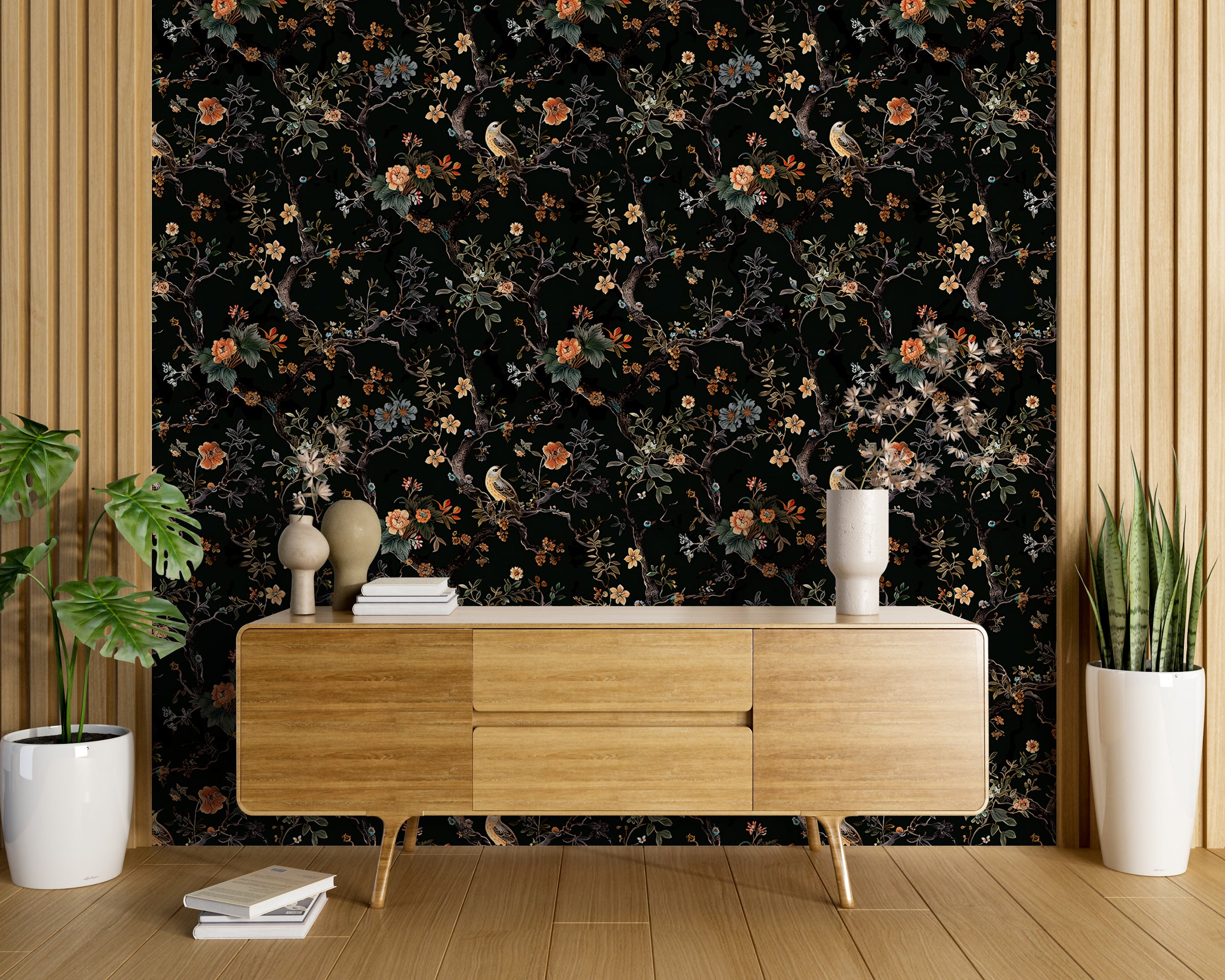 Dark Chinoiserie Wallpaper, Peel and Stick Flowers Decal, Birds and Flowers Removable Wallpaper, Black Botanical Wall Art
