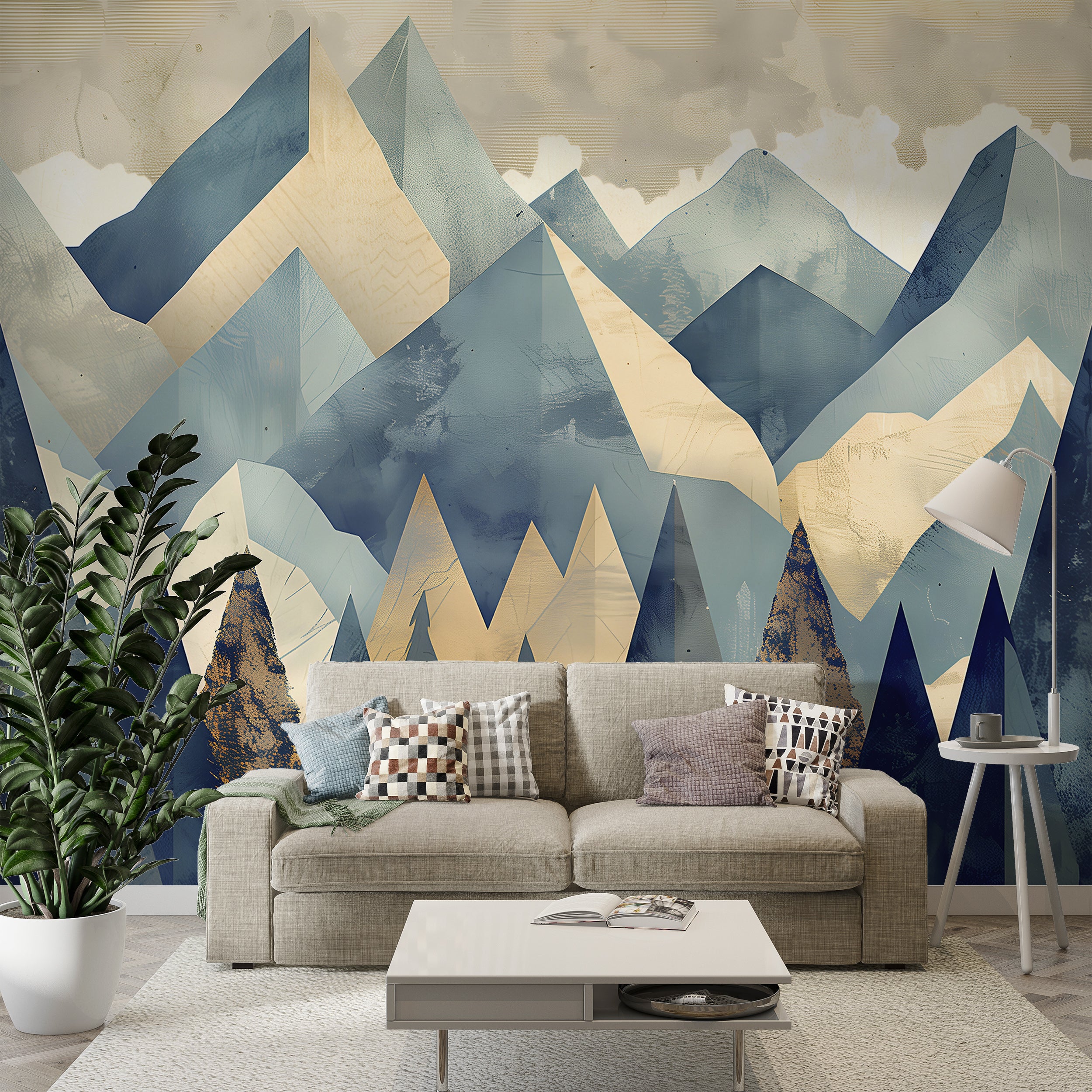 Mountains in Cubism Style Mural, Peel and Stick Abstract Landscape Mural, Blue & Beige Pastel Colors Mountains and Forest Wallpaper