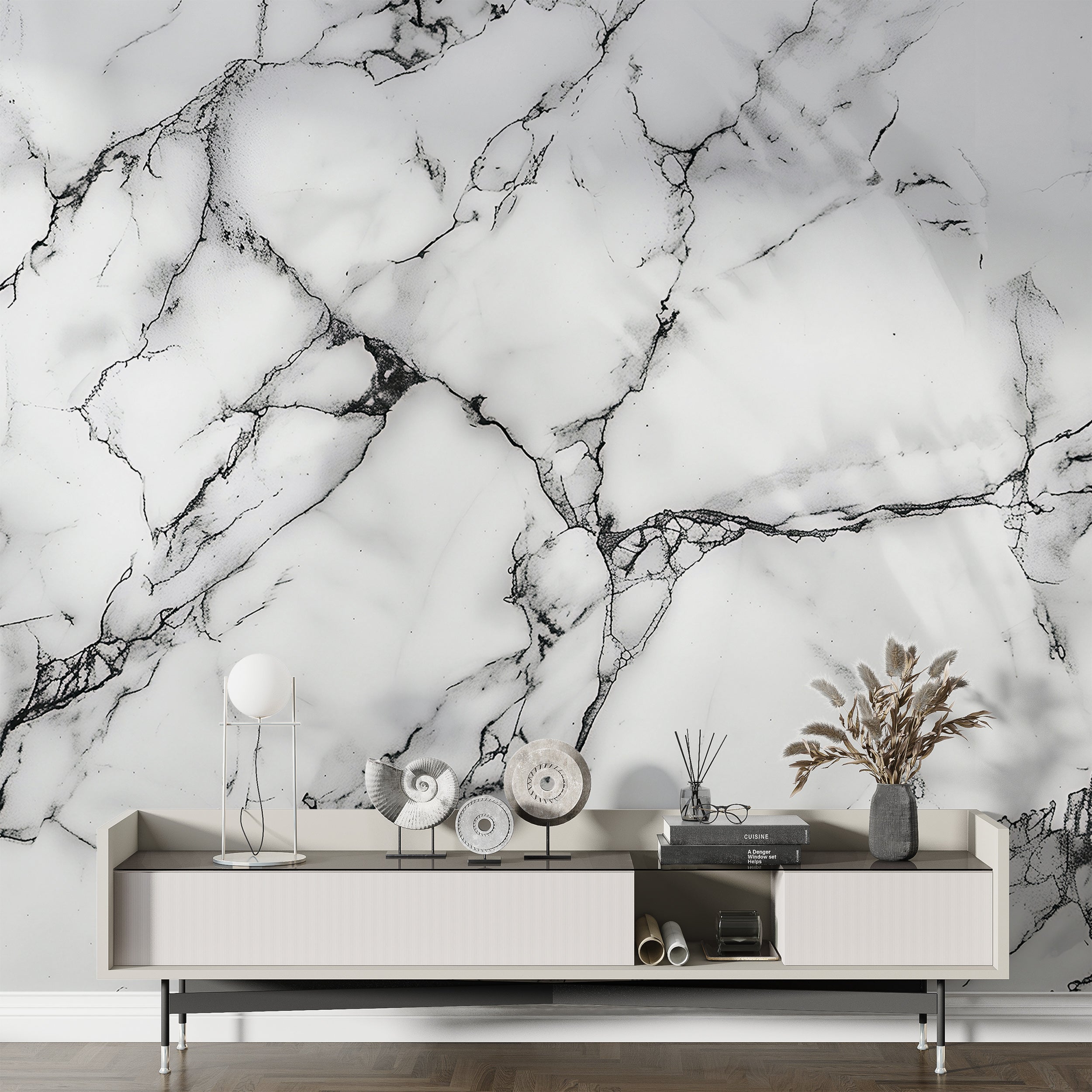 Black&White Marble Mural, Self-adhesive Natural Marble Wallpaper, Stone Texture Mural, Removable White Marble with Black Lines Decor