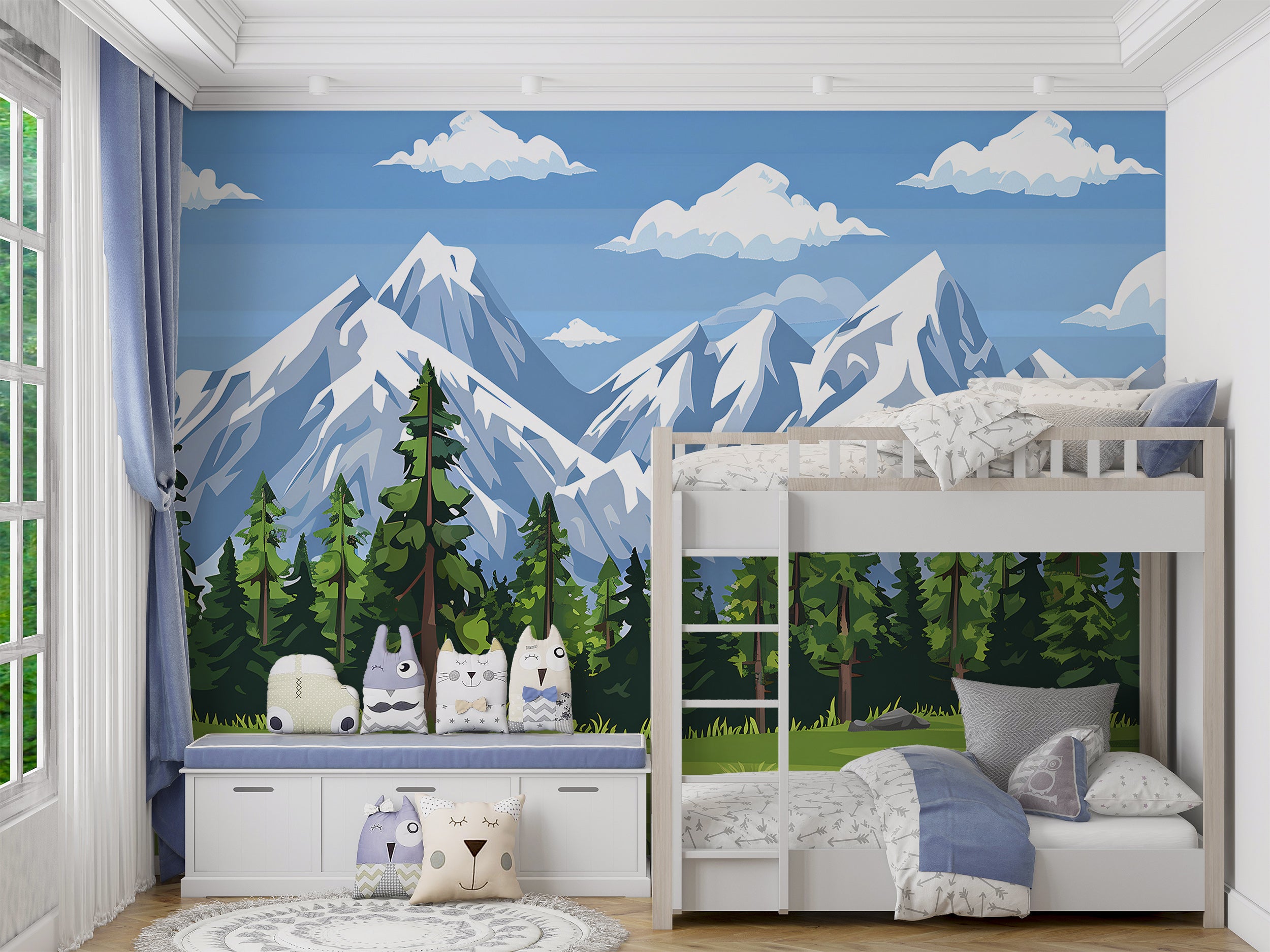 Colorful Nursery Landscape Mural, Kids Room Accent Wall Cartoon Style Nature Mural, Peel and Stick Mountains and Forest Wallpaper