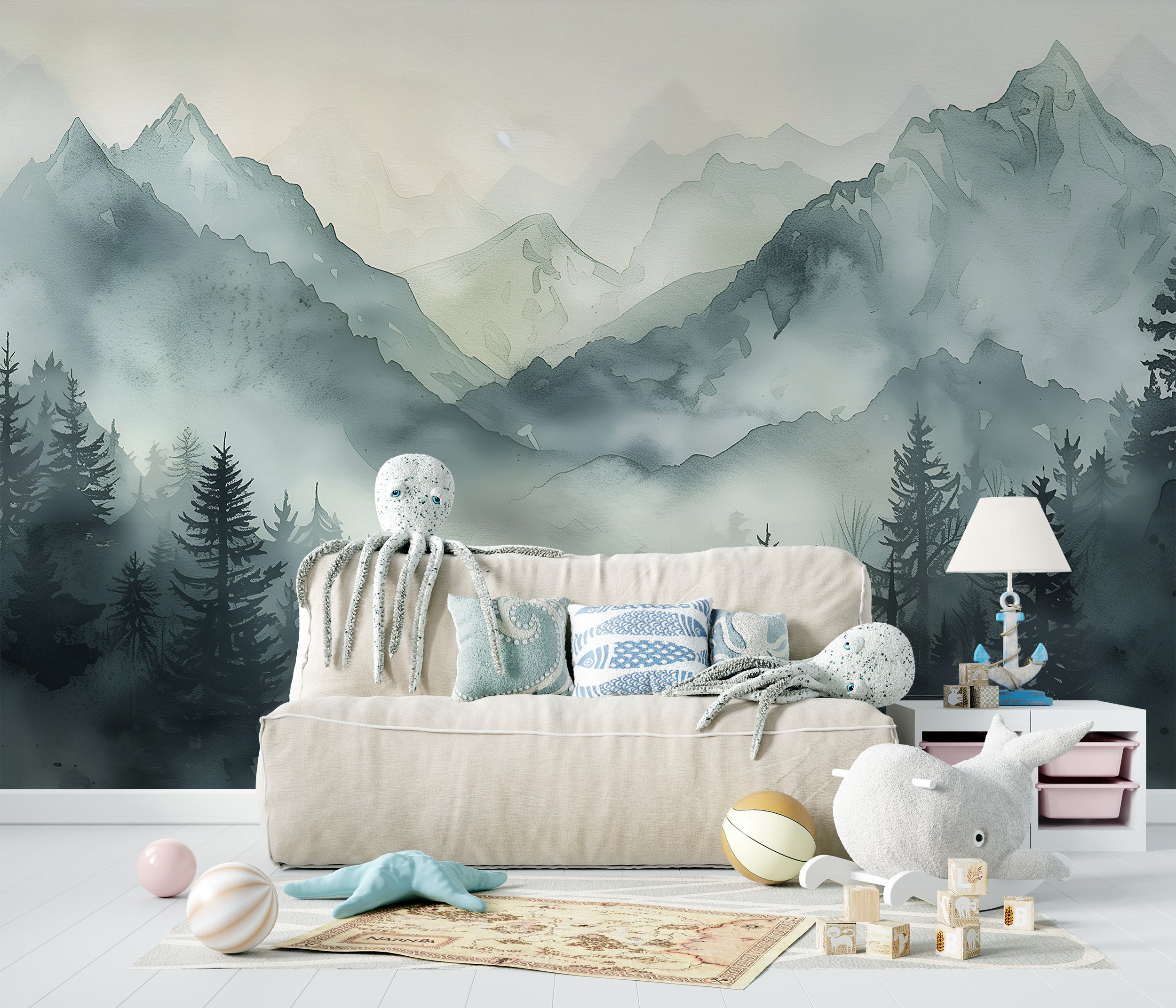 Green Mountains Wall Mural, Watercolor Foggy Forest and Mountains Wallpaper, Peel and Stick Nursery Soft Nature Mural, Wild Nature Art