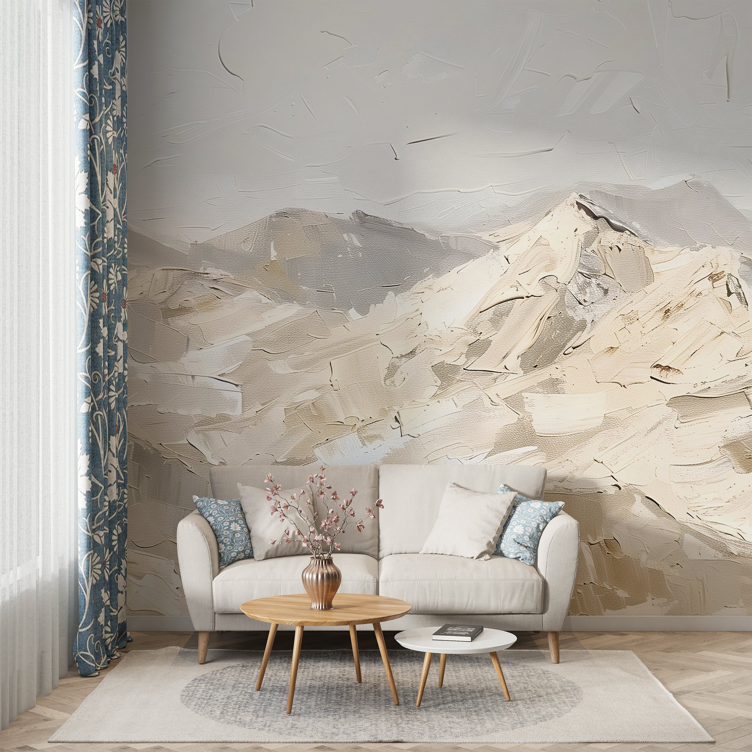 Beige Mountains in Palette Knife Style Mural, Abstract Peel and Stick Landscape Art, Removable Mountains Oil Painting Wallpaper