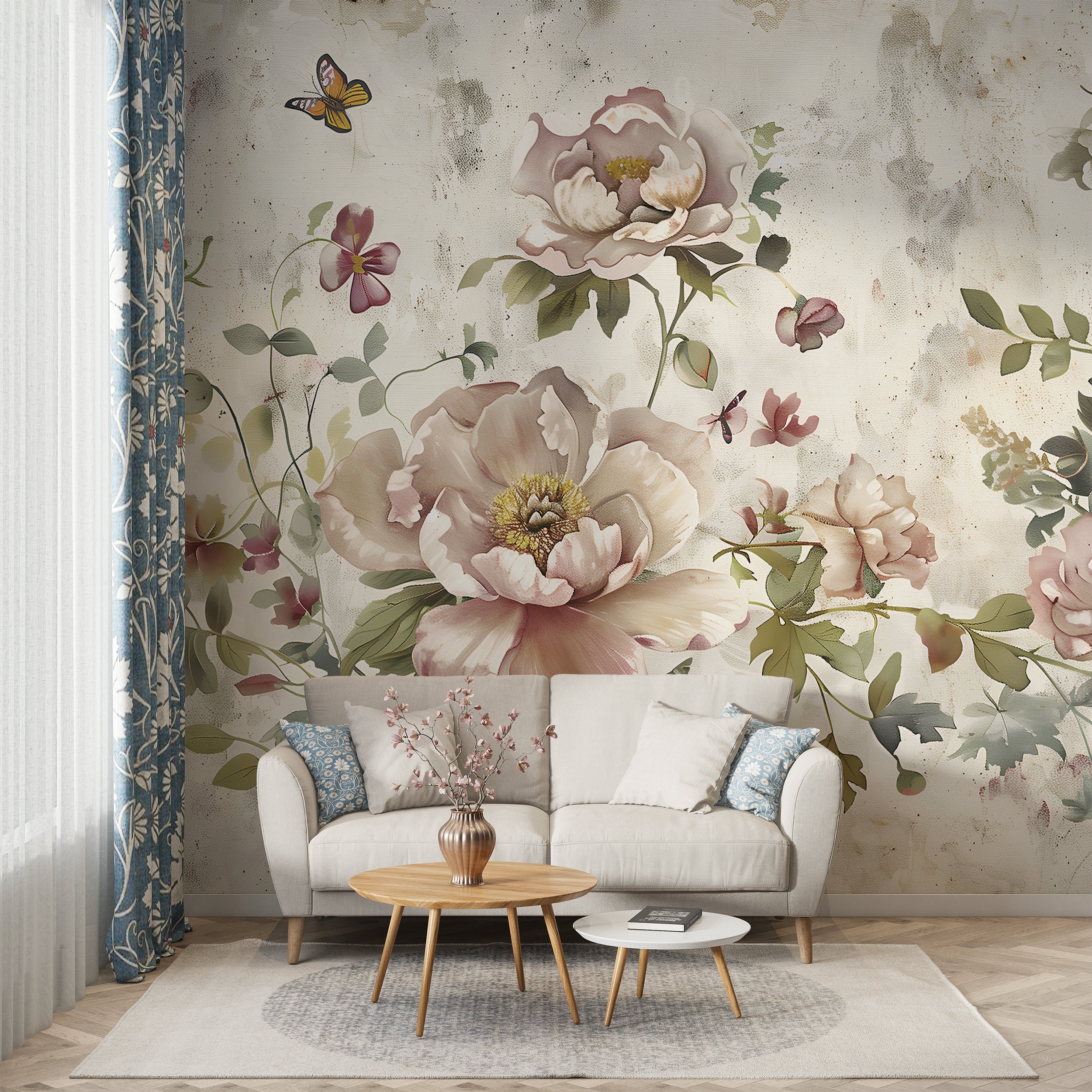 Large Flowers Wall Mural, Peel and Stick Floral Wallpaper, Beige Flowers and Butterflies Mural, Pink Flowers and Green Leaves Wall Decor