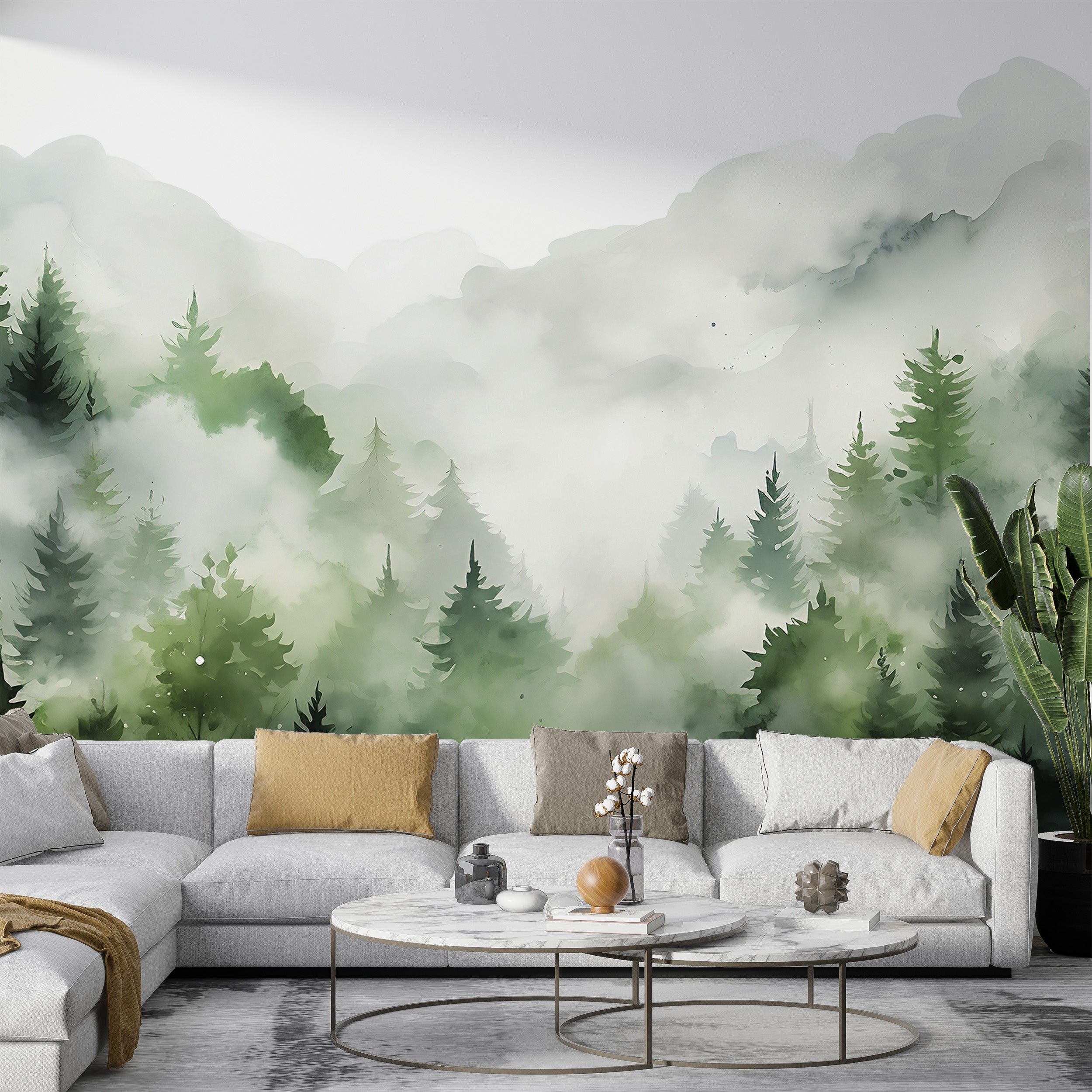Tranquil Foggy Forest Mural for Relaxing Decor