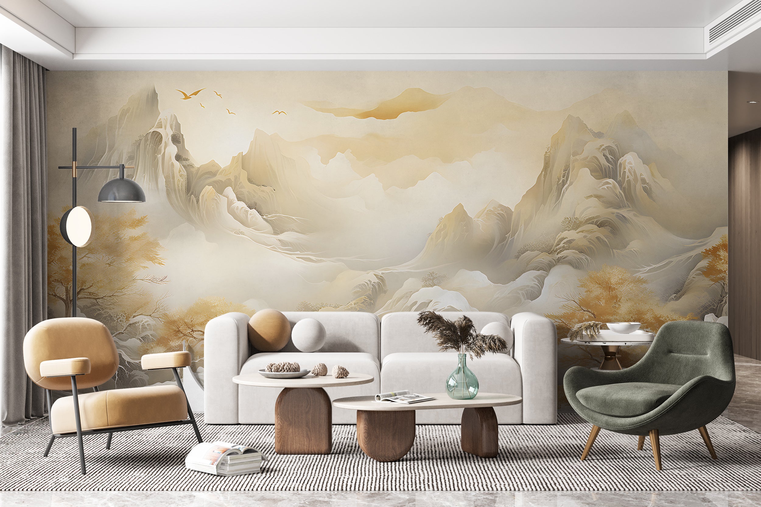 Beige Watercolor Mountains Peel and Stick Wallpaper