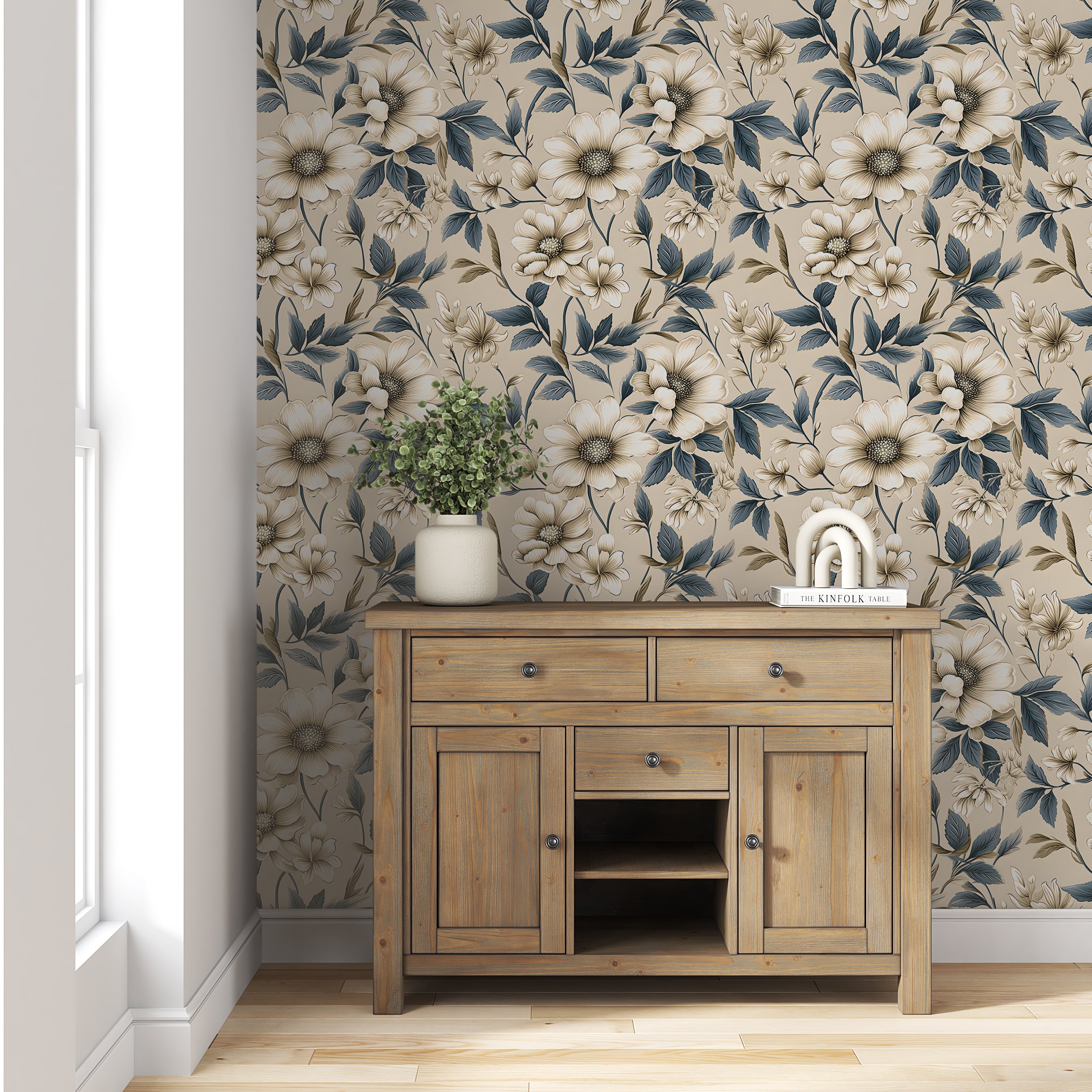 Botanical Wall Decal with Blue Flowers