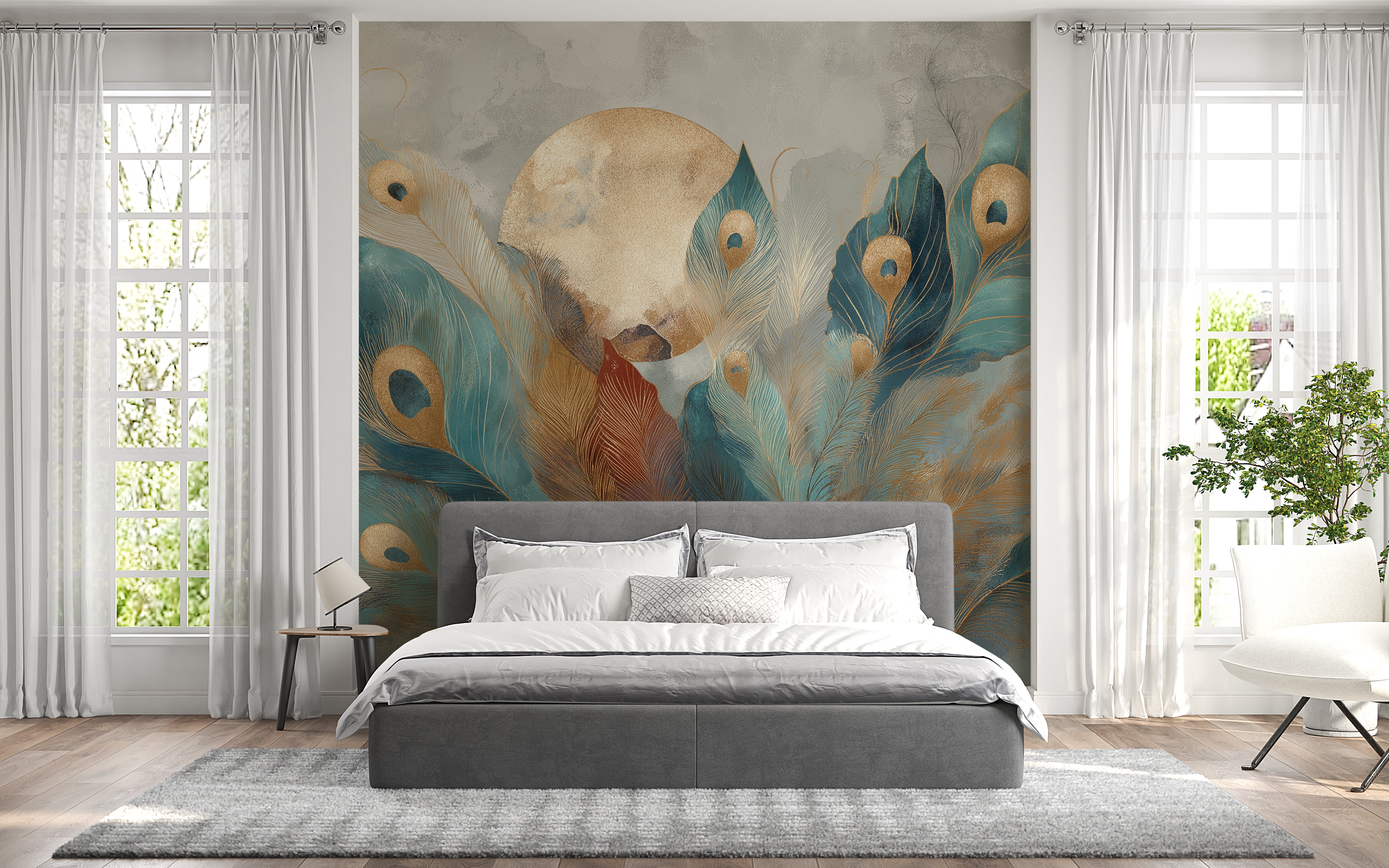 Statement feature wall mural with abstract feather design