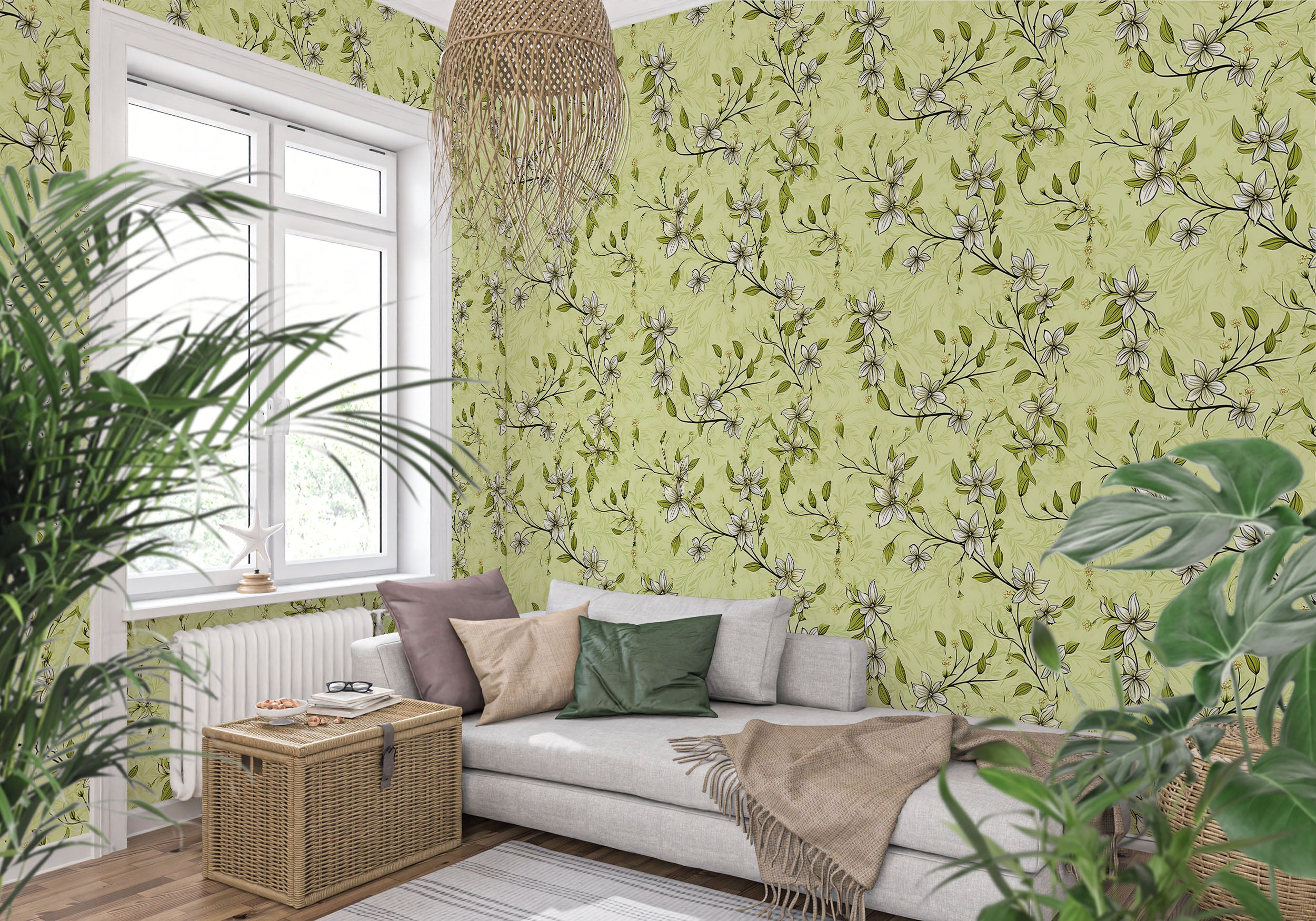 Eco-Friendly Floral Pattern Mural in Pistachio