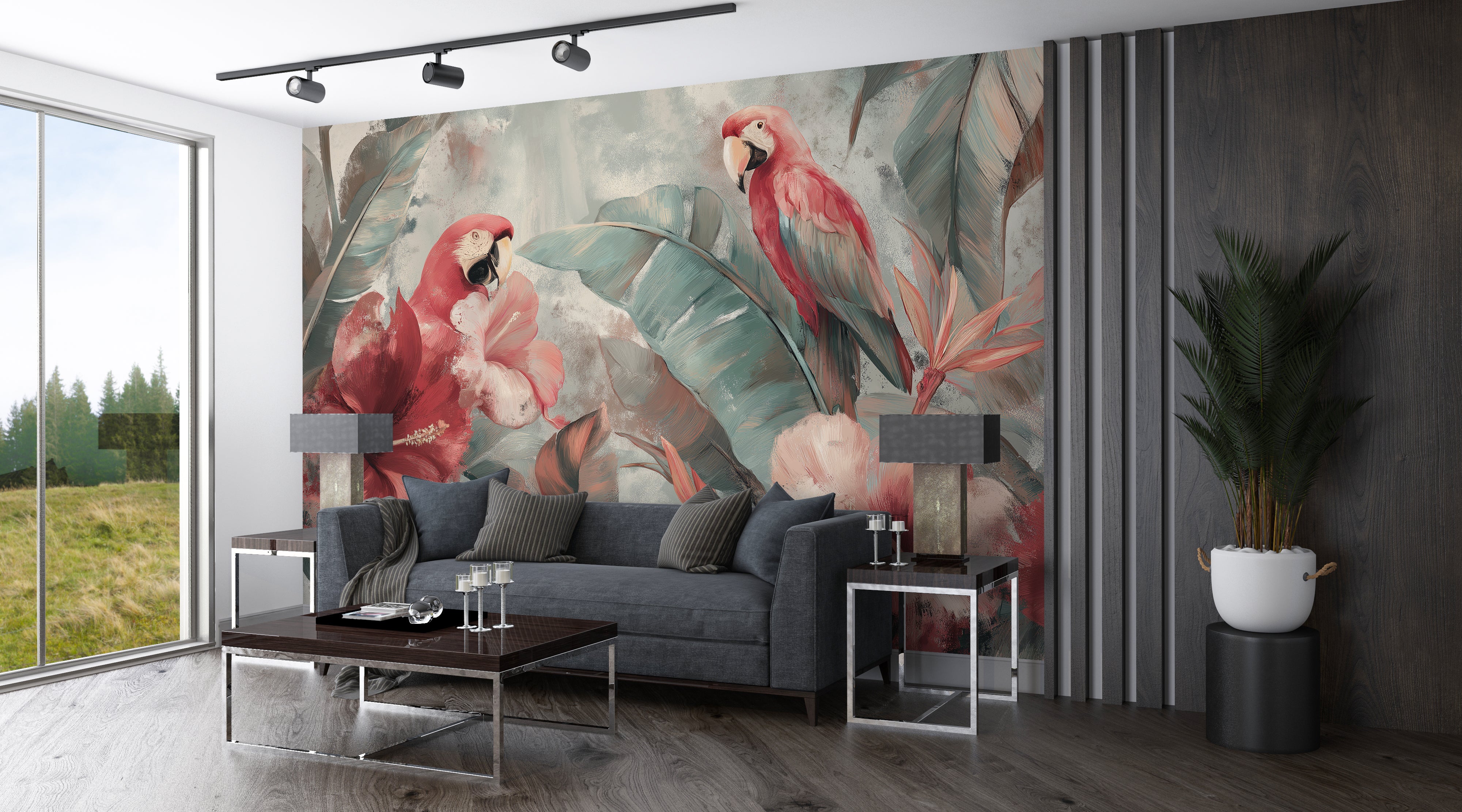 Tropical bird wall covering with lush green foliage