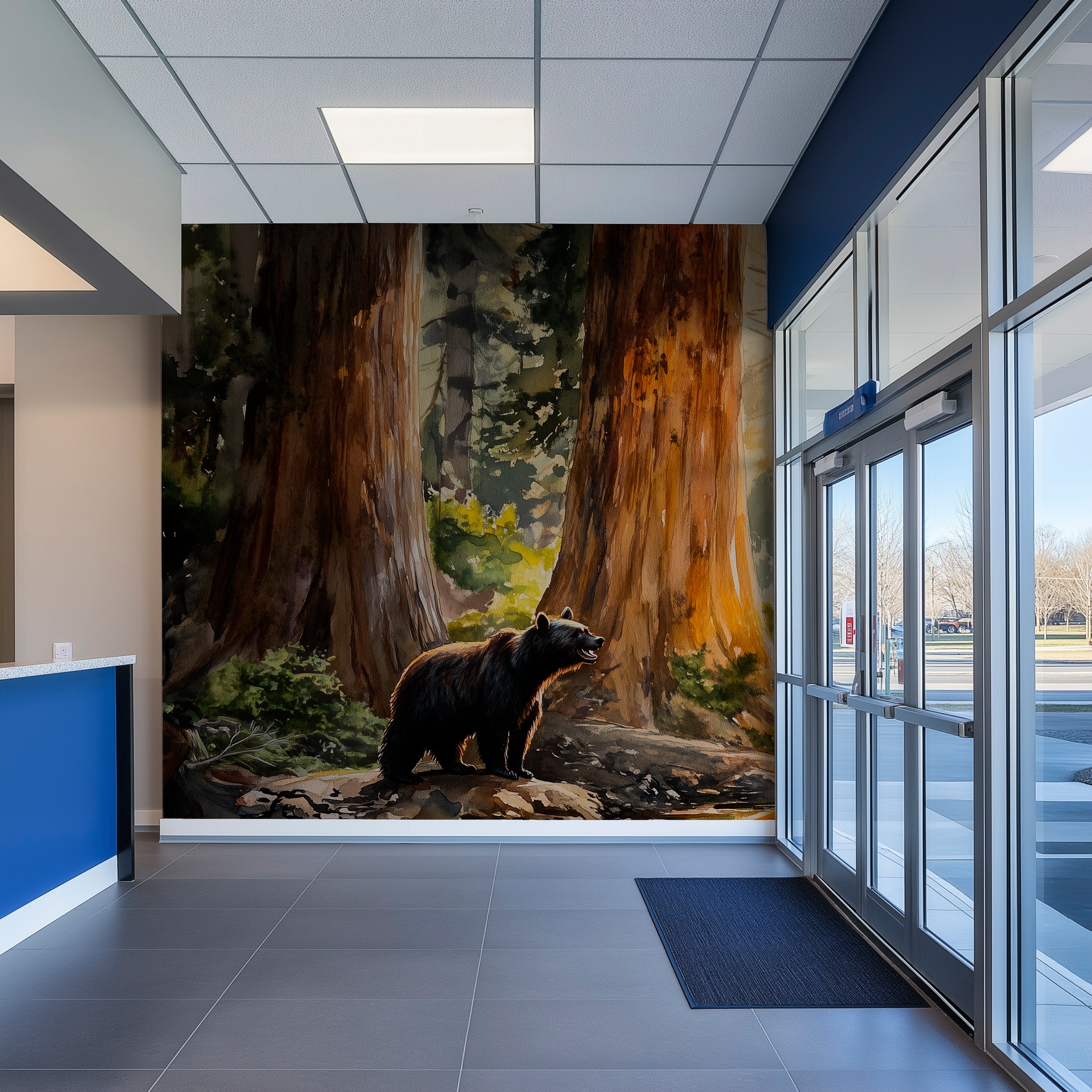 Black Bear and a Cub Mural, Peel and Stick Yosemite Park Wallpaper, Watercolor Woodland Life Mural, California Nature