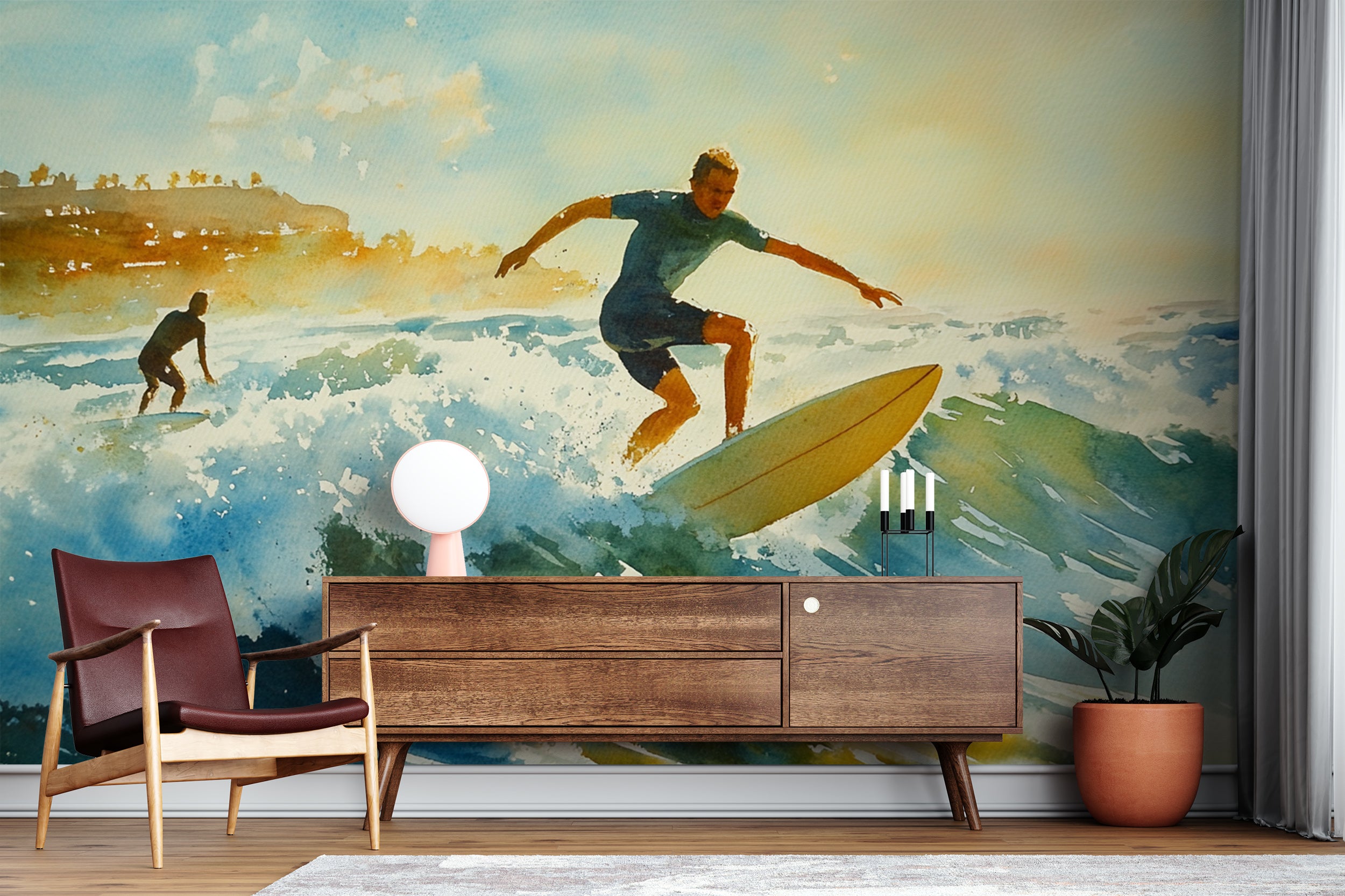 Surfers Wall Mural, Peel and Stick California Ocean Waves Wallpaper, Watercolor Surfers Coastal Art, Nautical Wallpaper