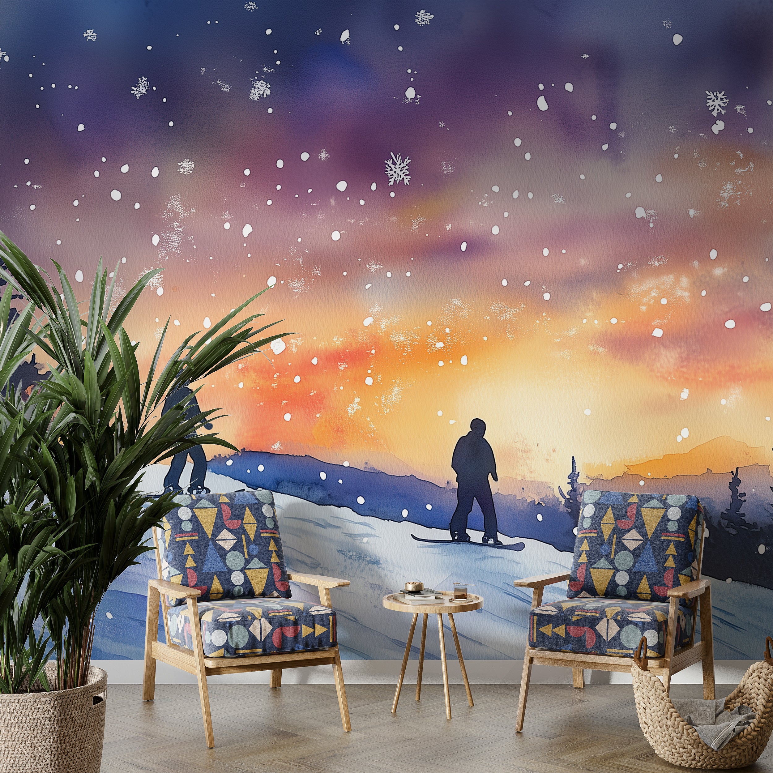 Snowboarders on the Slope Mural, Peel and Stick Snowy Night Wallpaper, Colorado Winter Mountain Slopes Dark Decor