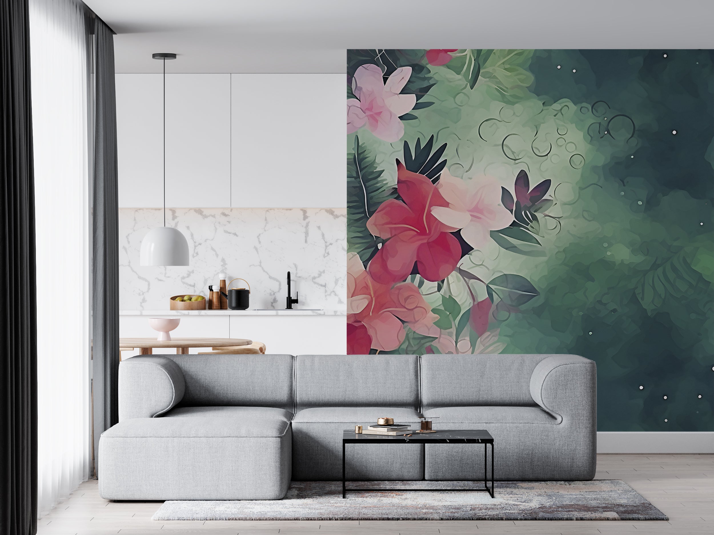 Calm Interior Decor with Green Floral Wallpaper