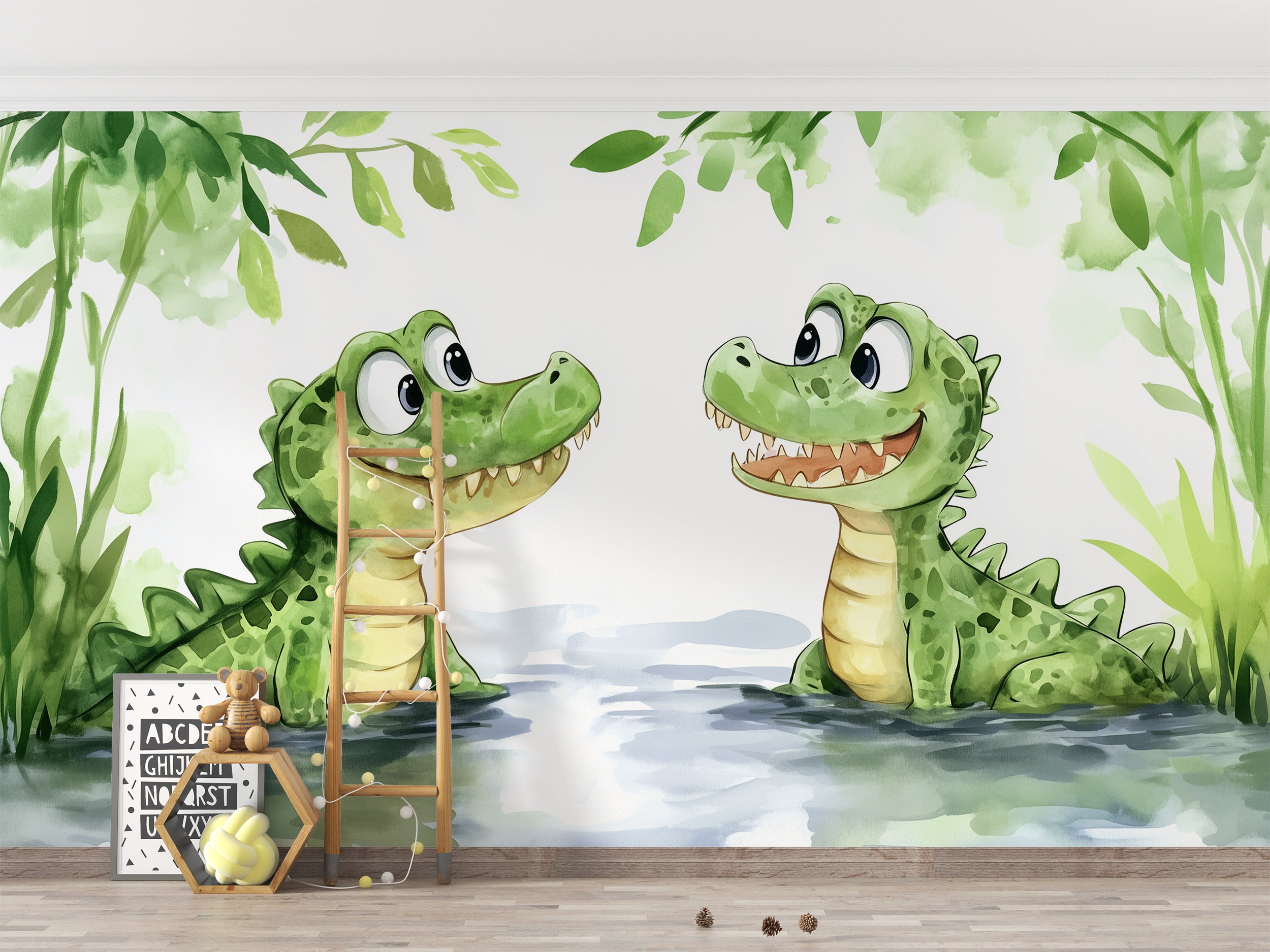 Cute Crocodiles Wall Mural, Peel and Stick Cartoon Style Alligators in the River Wallpaper, Nursery Watercolor Animals Art