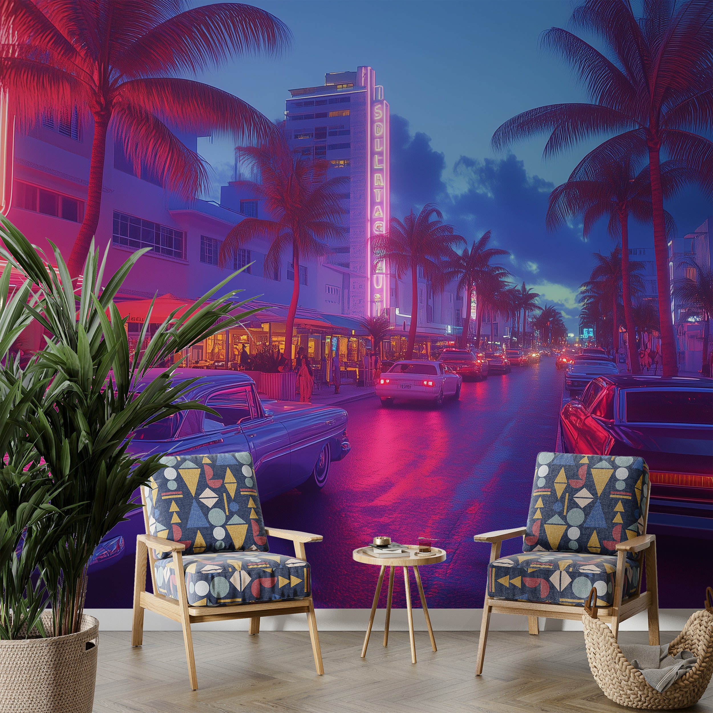 South Beach Florida Mural, Peel and Stick Neon Style Miami Street Wallpaper, Retro Cars in Miami Wall Art