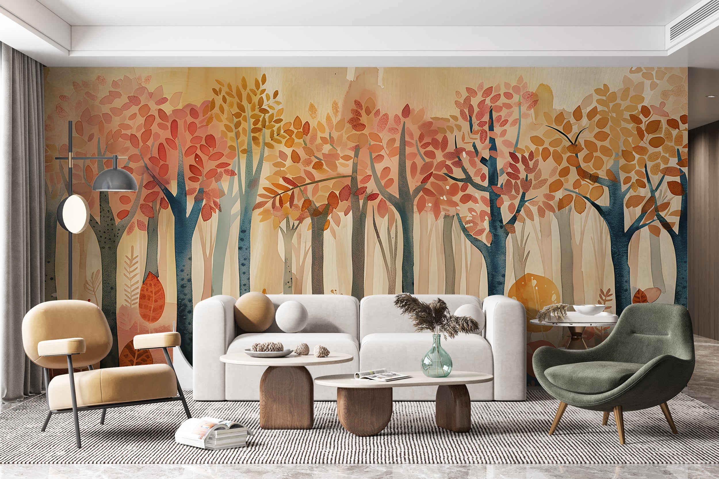 Autumn Forest Mural - Watercolor Nature Wallpaper - Colorful Forest Wall Decal - Peel and Stick Orange Trees Mural - Nursery PVC free