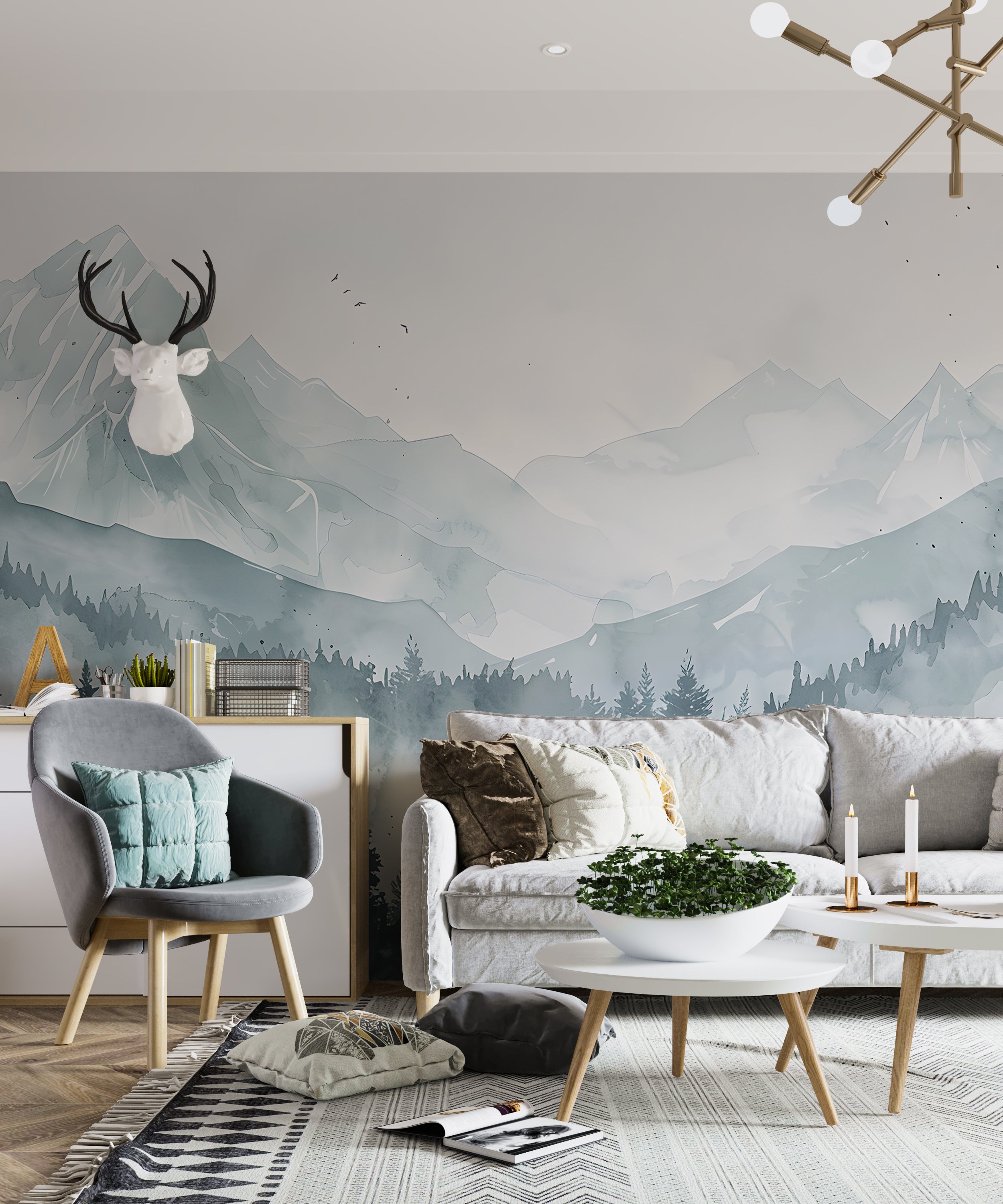Mountain and Forest Landscape Mural, Watercolor Mountains Wallpaper, Peel and Stick Pine Forest Wall Decal, Nursery Blue Mountain Mural