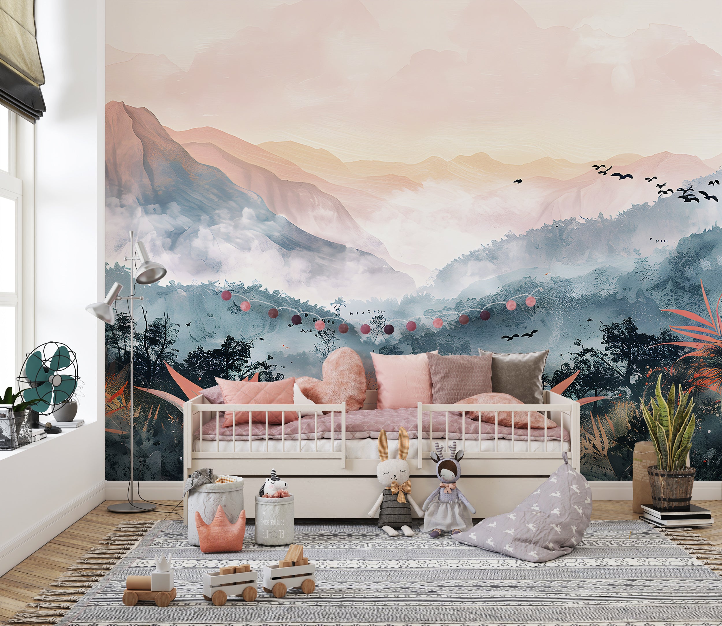 Colorful Jungle Forest Mural, Mountains in the Forest Wallpaper, Peel and Stick Colorful Mountain, Wild Nature Wall Decal, Nursery PVC free