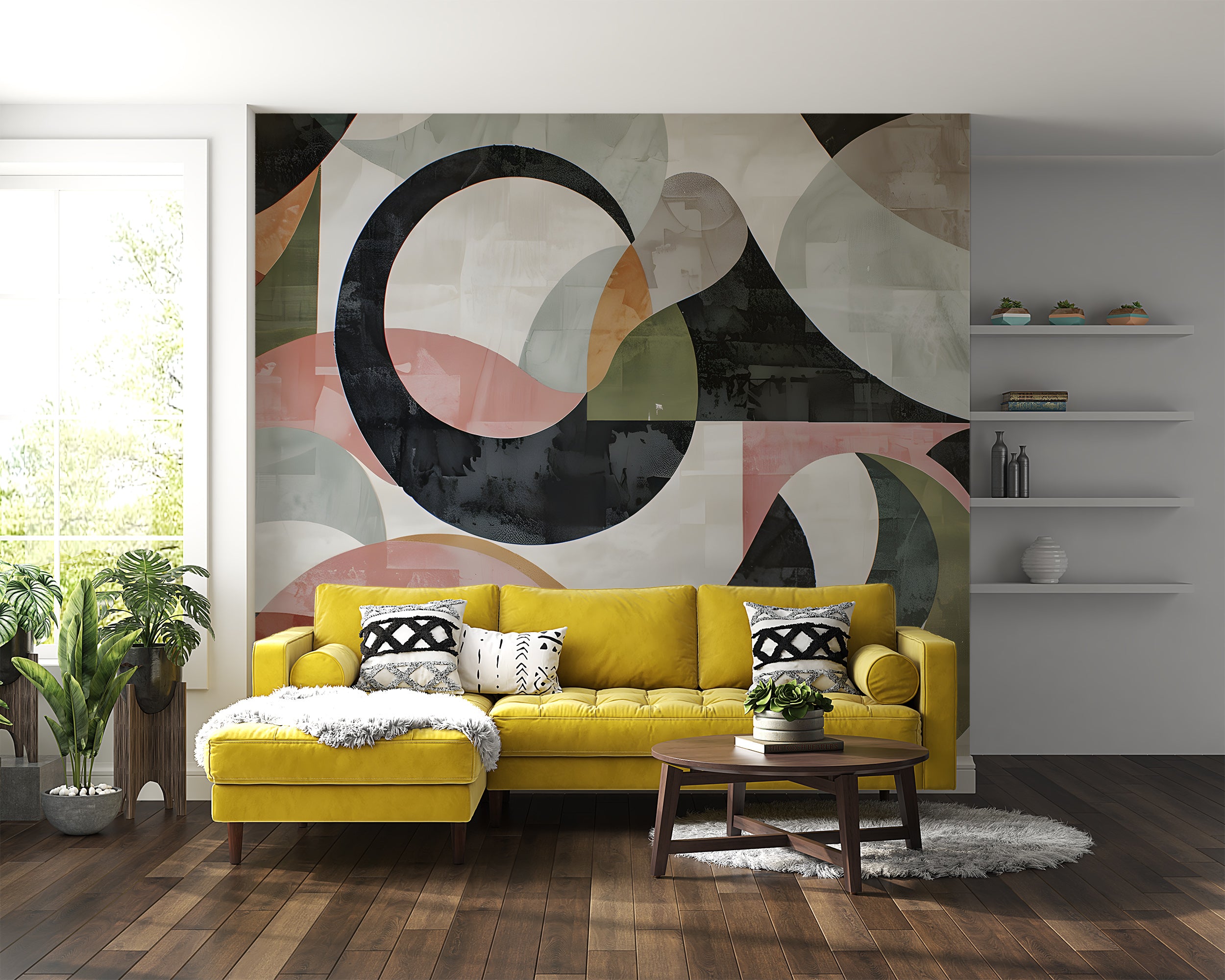 Abstract Geometric Mural, Art Deco Wallpaper, Peel and Sick Modern Mural, Colorful Watercolor Removable Wall Decal