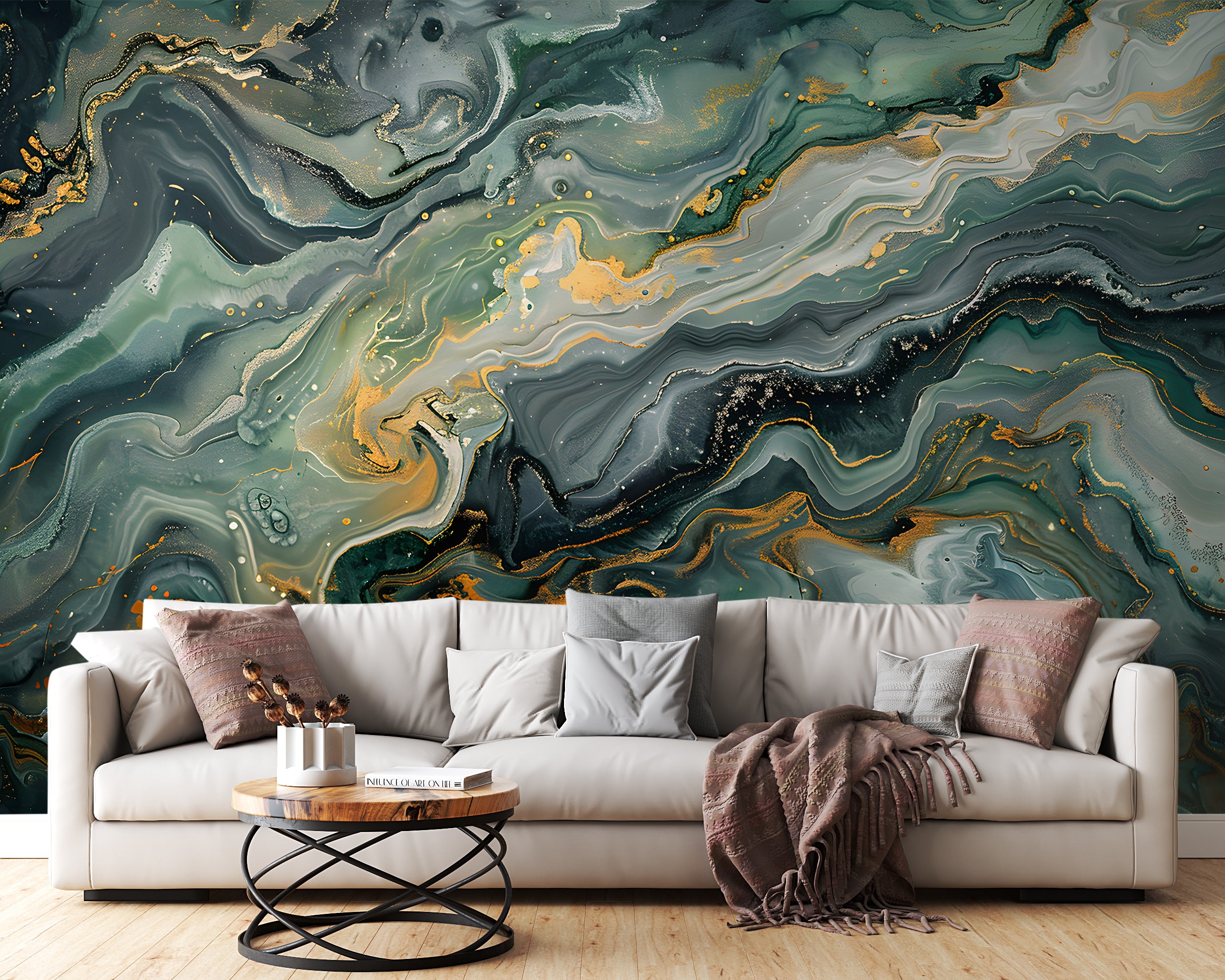 Deep Green Marble Mural, Alcohol Ink Abstract Wallpaper, Peel and Stick Dark Green Stone Texture Art, Removable Marble Sticker Decor