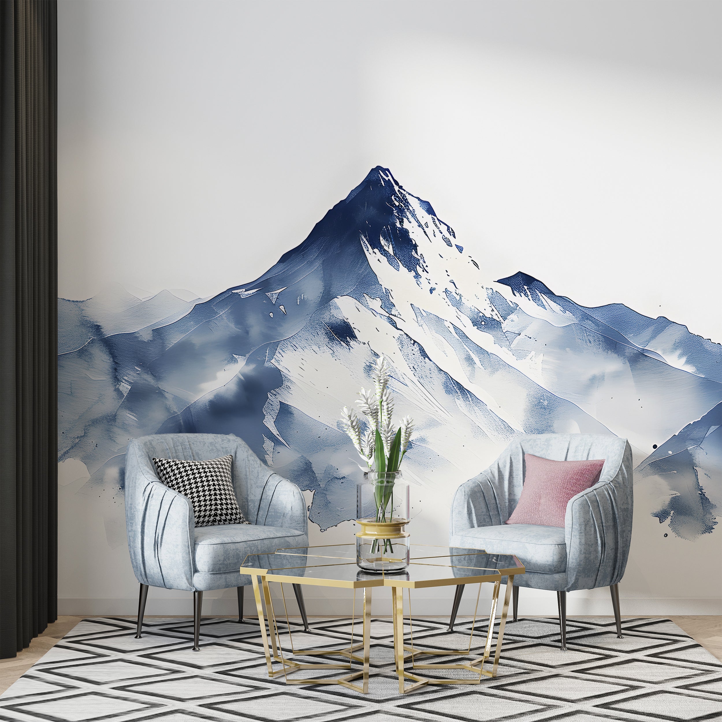 Minimalistic Blue Mountain Mural, Watercolor Snowy Mountains Wallpaper, Cartoon Style Peel and Stick Mountain, Removable Blue and White Landscape