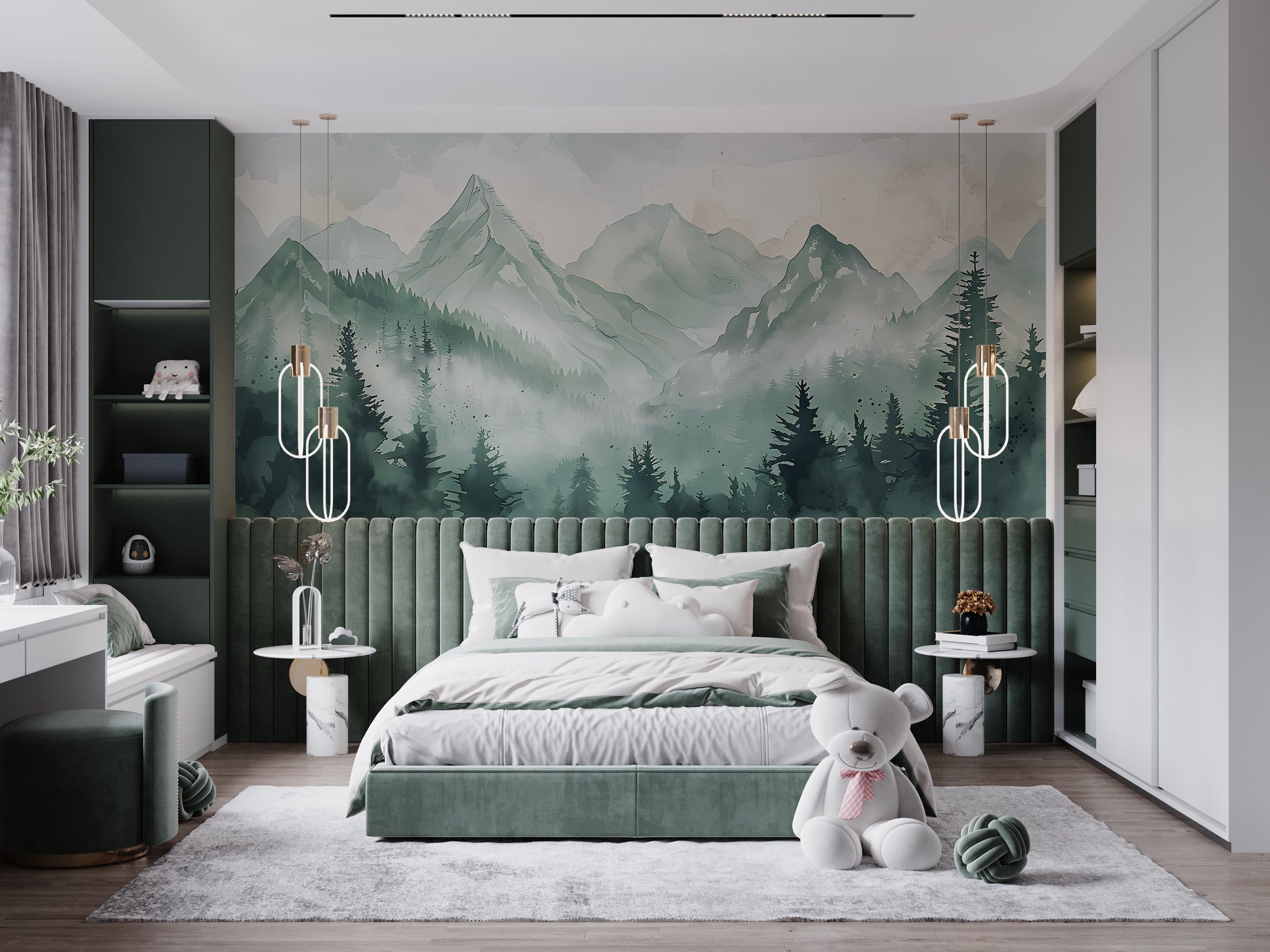 Soft Green Mountains Wallpaper, Watercolor Wild Forest Mural, Self-adhesive Removable Pastel Green Foggy Mountain Landscape Decor
