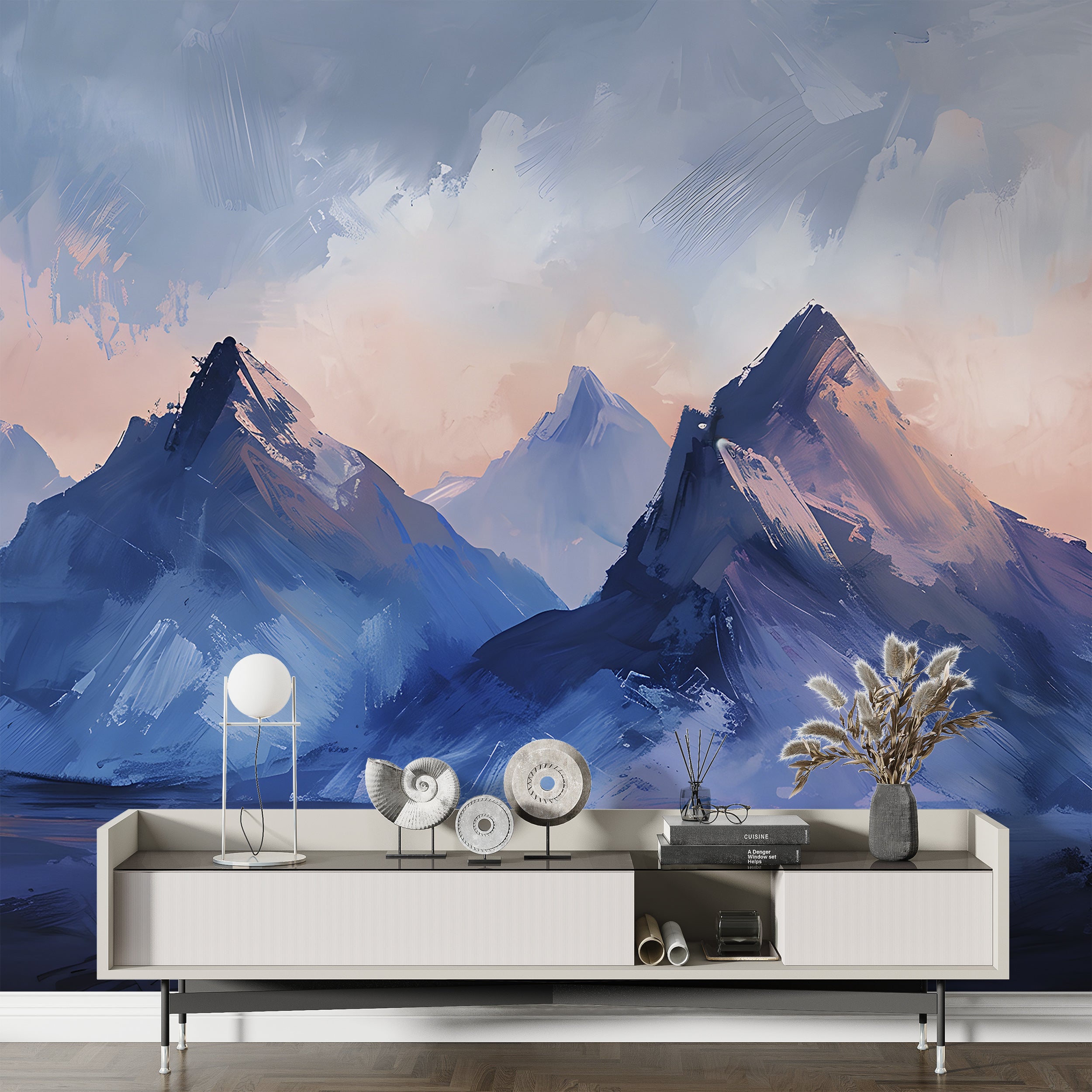 Oil Brushed Style Mountains Mural, Peel and Stick Blue Mountain, Watercolor Abstract Landscape, Nursery Deep Blue Wall Art, PVC free Decal
