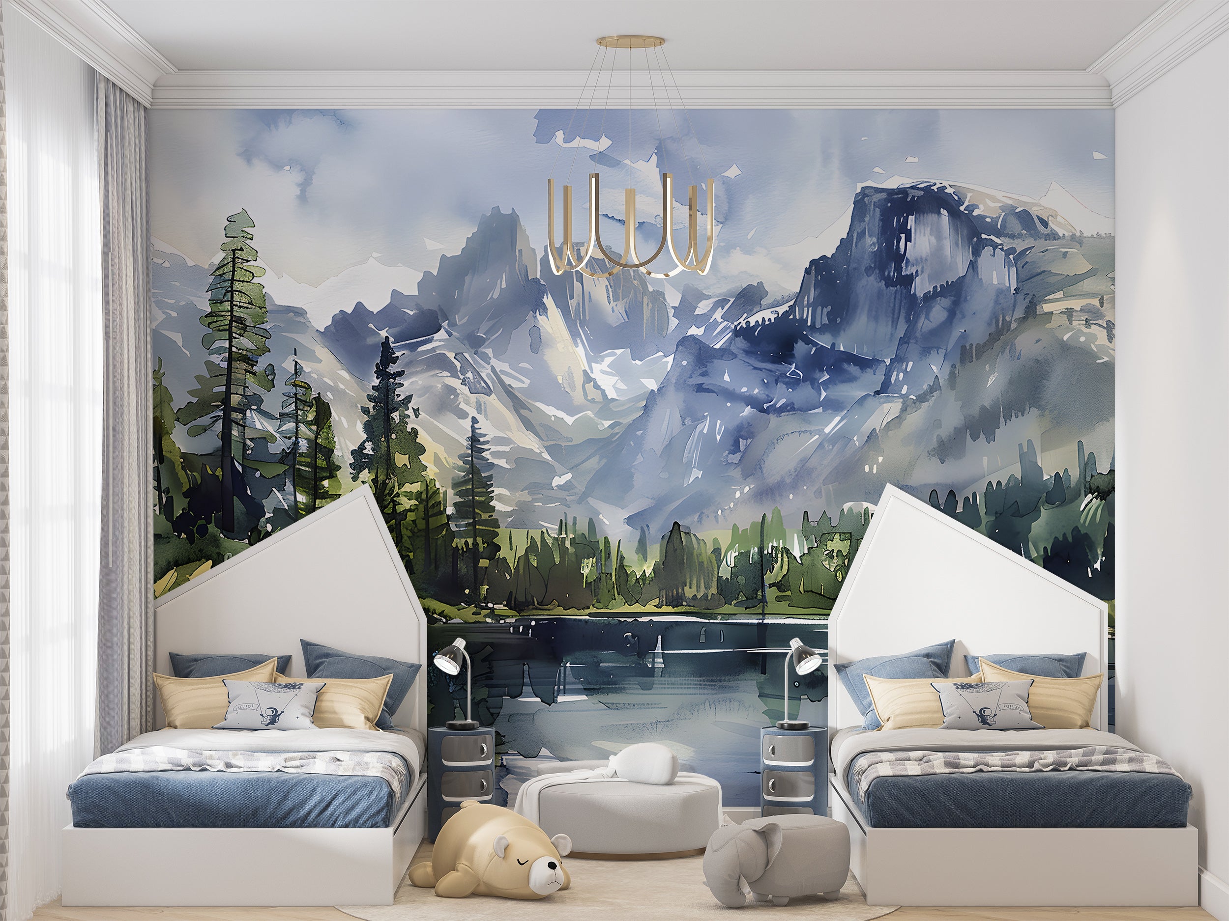 Watercolor Mountain Lake Mural, National park Landscape, Peel and Stick Mountains and Forest Wallpaper, Wild Nature Wall Art