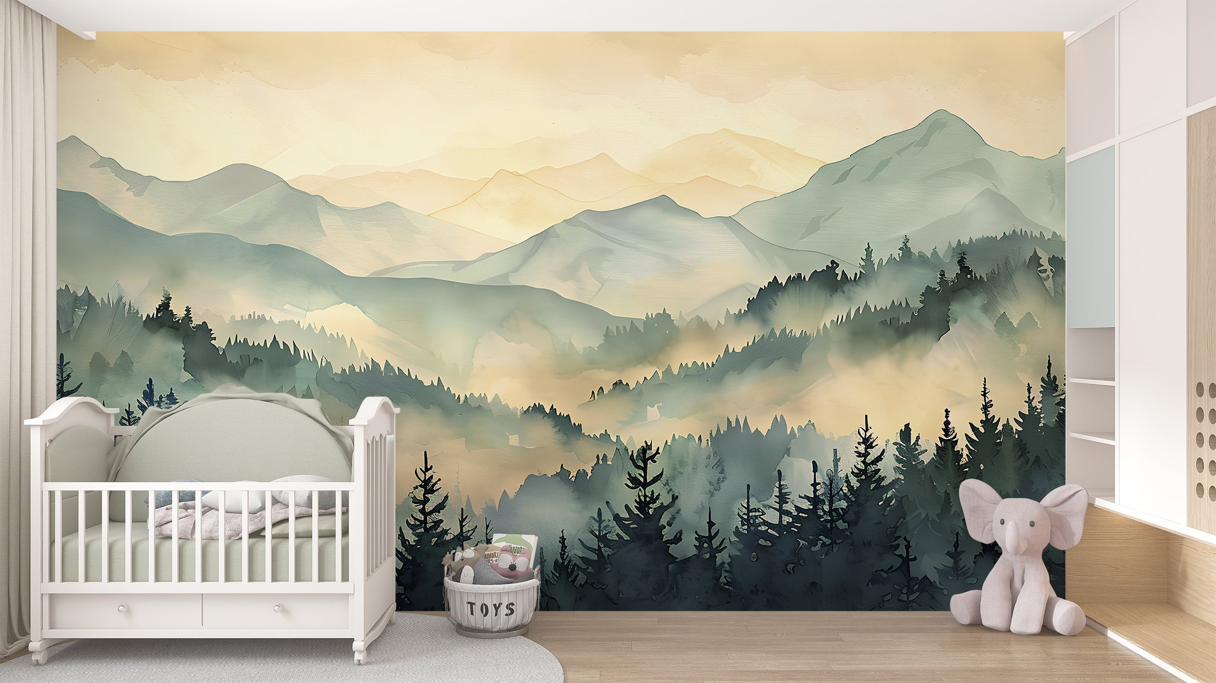 Green and Beige Mountains Landscape Mural, Watercolor Pine Forest and Mountain Wallpaper, Self-adhesive Removable Foggy Nature Decor