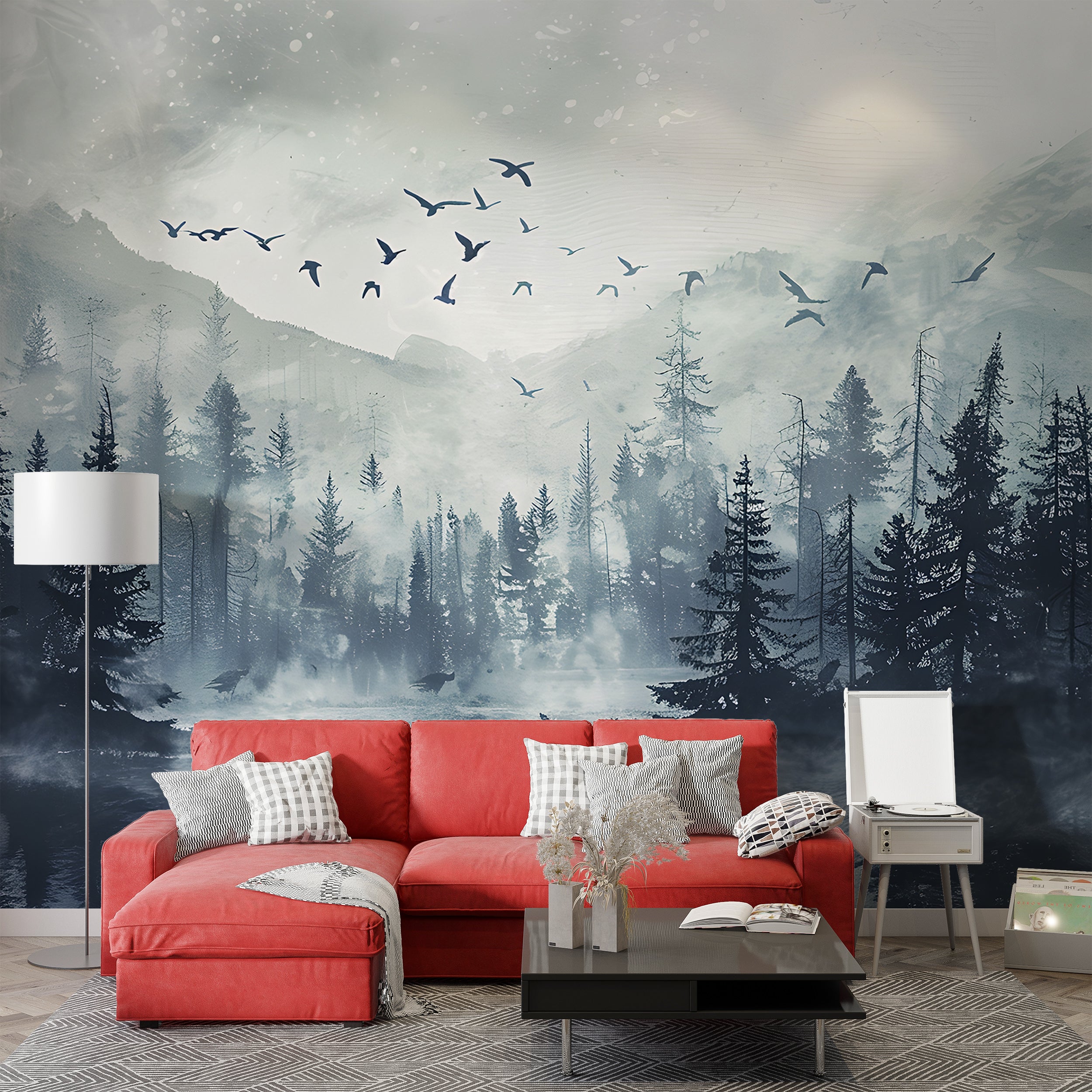 Dark Forest Wall Mural, Peel and Stick Black and Grey Pine Trees Mountain and Birds, Watercolor Foggy Nature Decor, Misty Forest Wallpaper