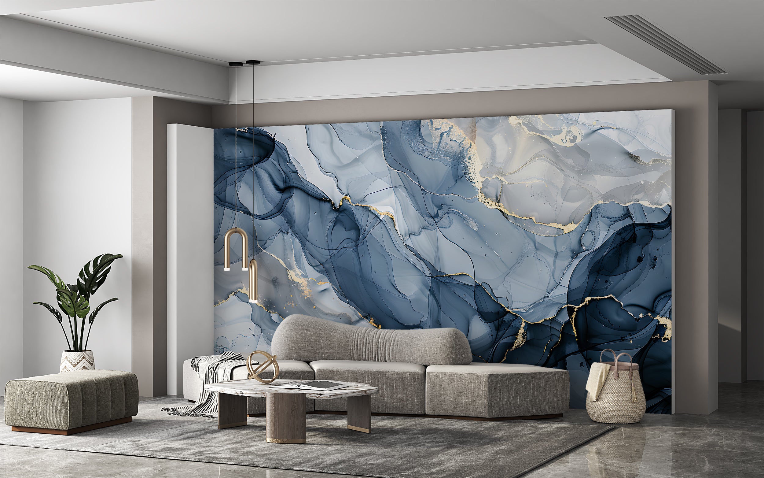 Blue and Gold Alcohol Ink Mural, Marble Wallpaper, Peel and Sick Abstract Watetrcolor, Removable Wallpaper, Modern Luxury Wall Mural