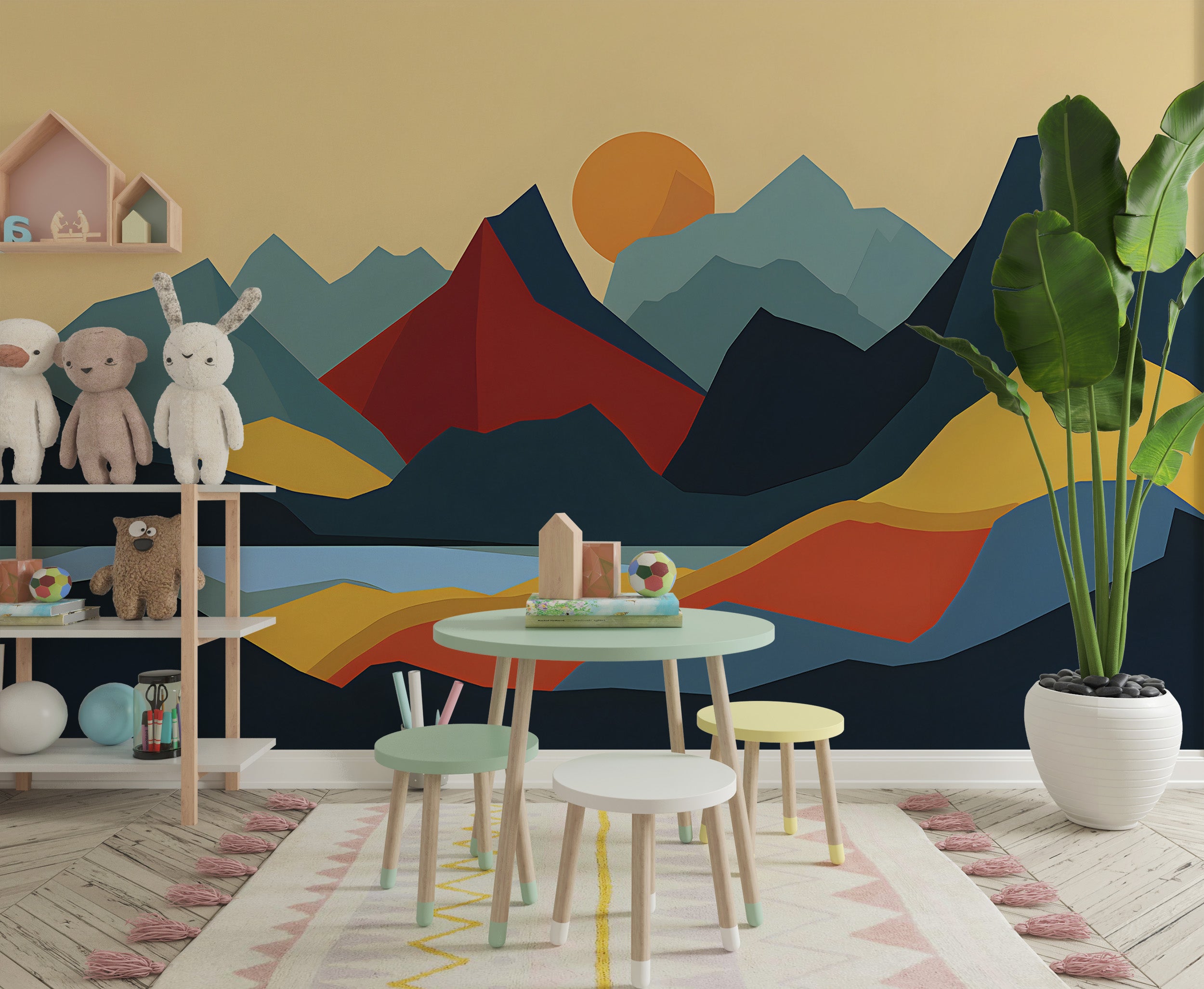 Colorful Cartoon Style Mountains Mural, Simple and Minimalistic Landscape Wallpaper, Peel and Stick Nursery Kids Room Abstract Nature Art Decal