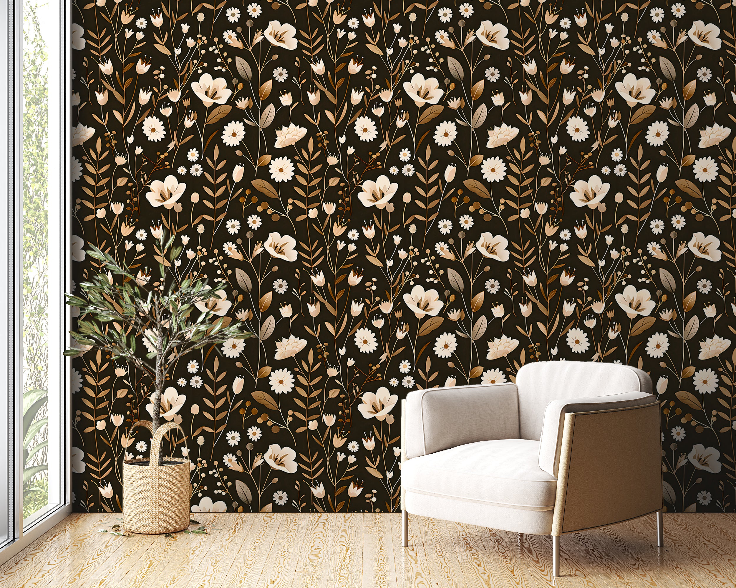 Dark Meadow Floral Wallpaper, White and Brown Botanical Decal, Wild Flowers Wallpaper, Peel and Stick Removable Vintage Flower Decal