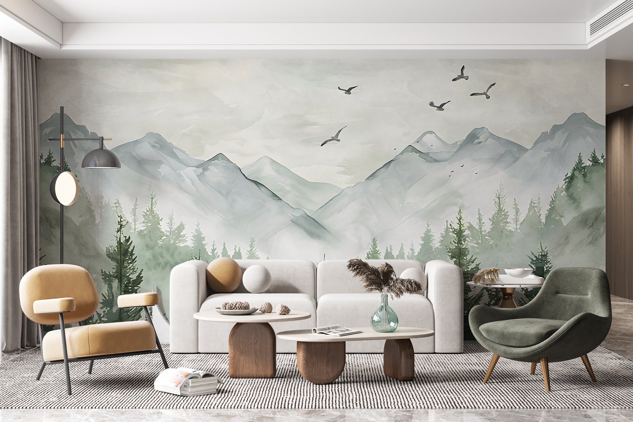 Minimalistic Mountains Mural, Watercolor Forest and Mountain Landscape Wallpaper, Removable Pastel Colors Nature Wall Decor