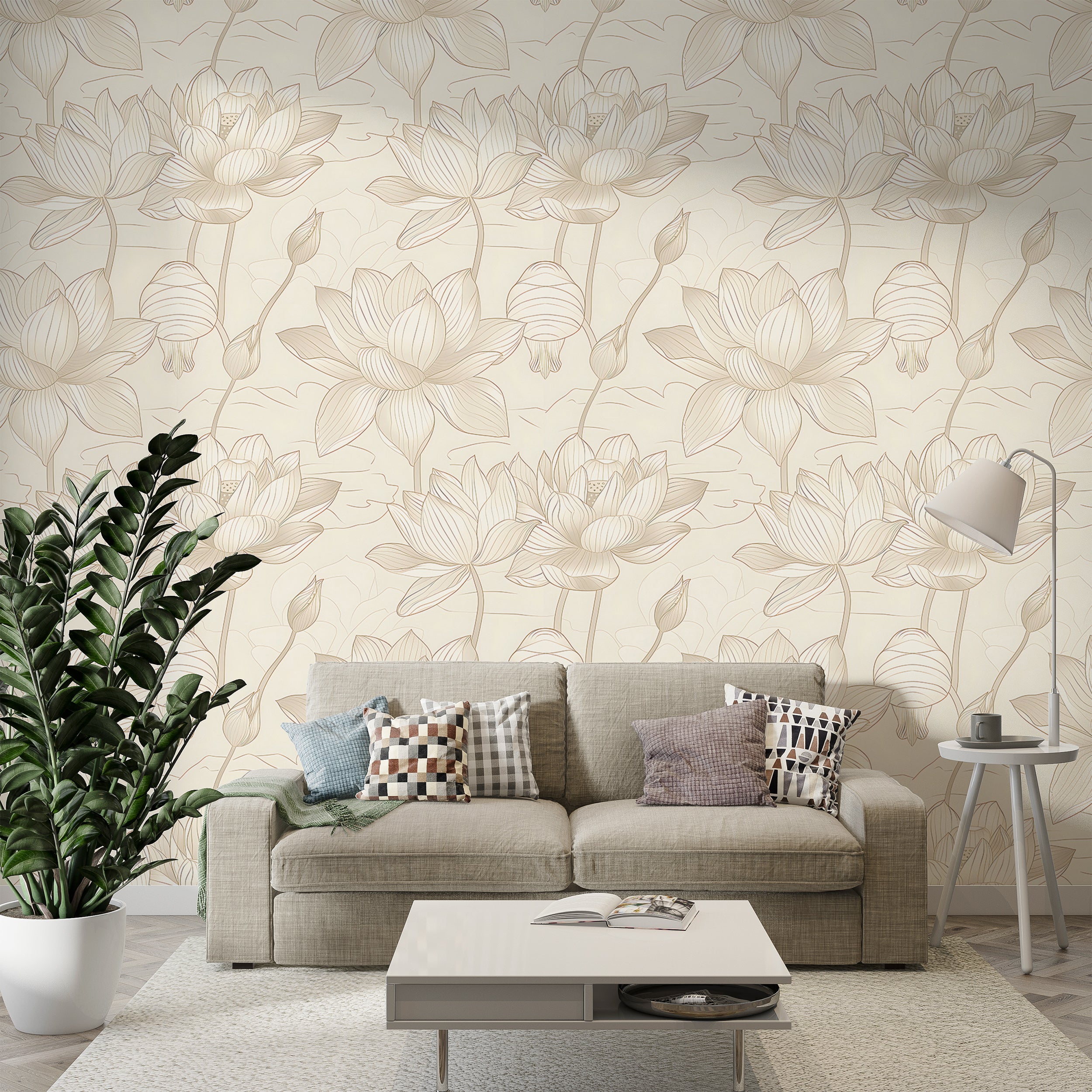 Beige Minimalistic Lotus Wallpaper, Peel and Stick Floral Wall Decal, Light Beige Lotus Pattern Wallpaper, Removable Botanical PVC-free Decor