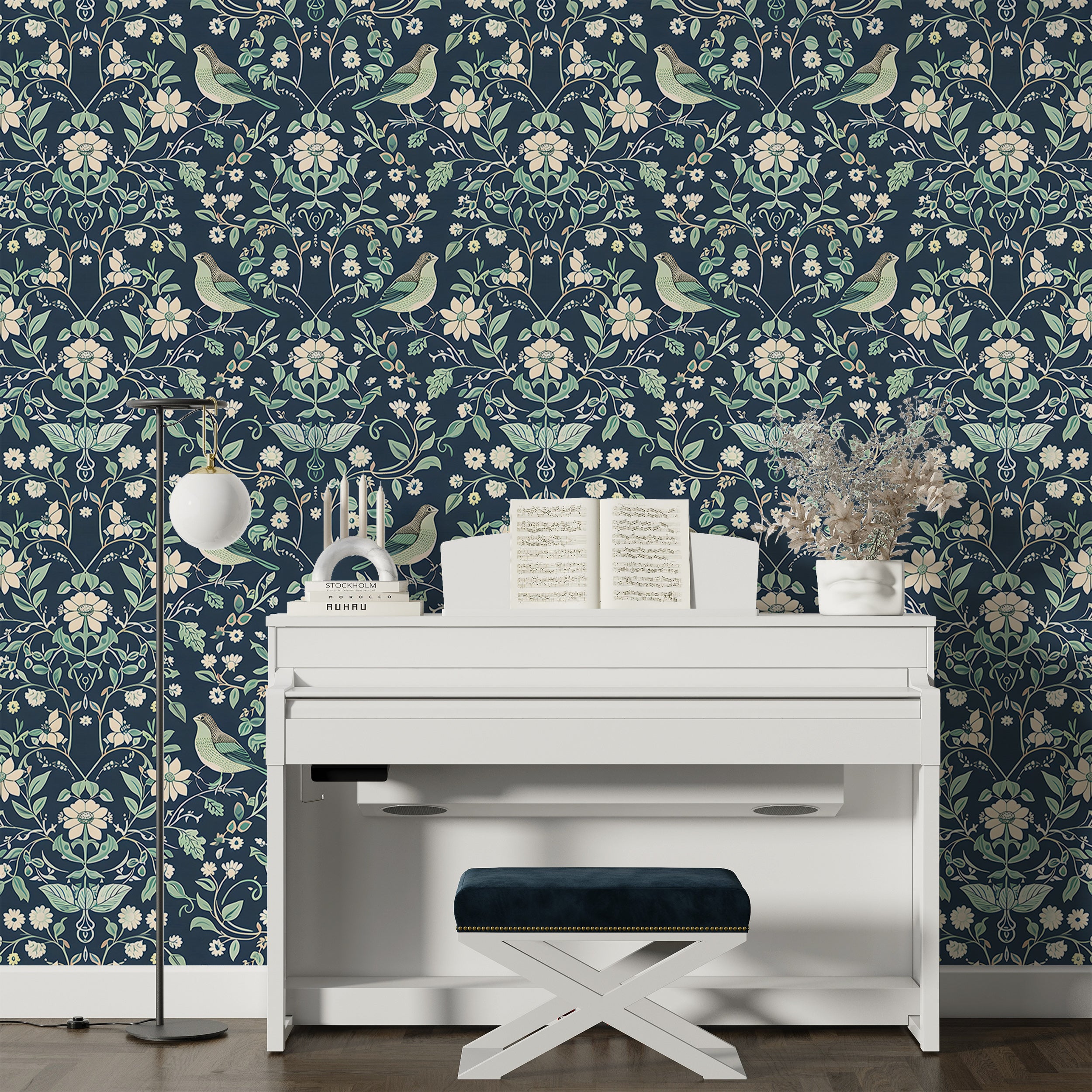 Mint and Navy Blue Chinoiserie Wallpaper, Peel and Stick Floral Wall Decal, Birds Flowers and Leaves Pattern Removable Wallpaper, Vintage Wall Art