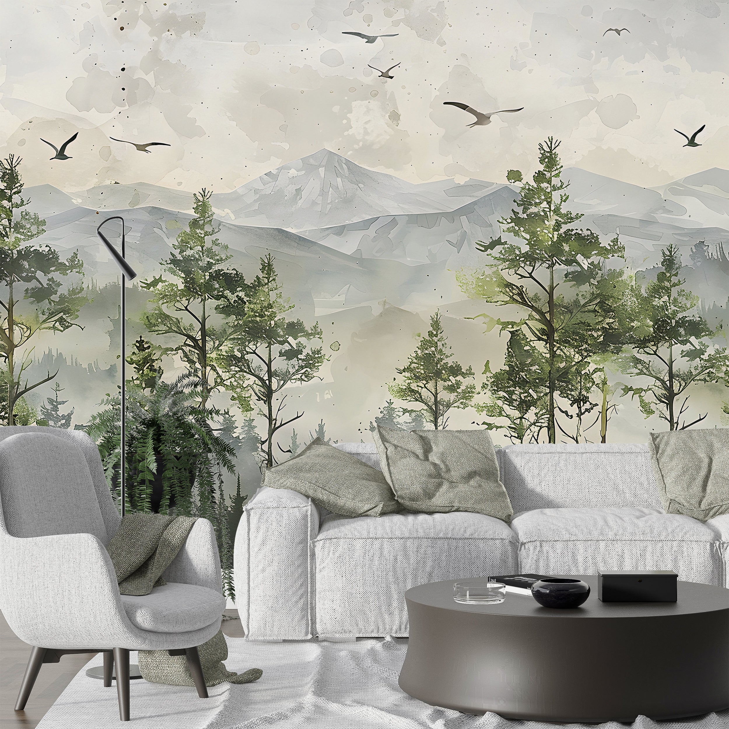 Watercolor Woodland Mural, Minimalistic Mountains and Forest Wallpaper, Peel and Stick Pastel Colors Landscape, Nursery Accent Wall Decor