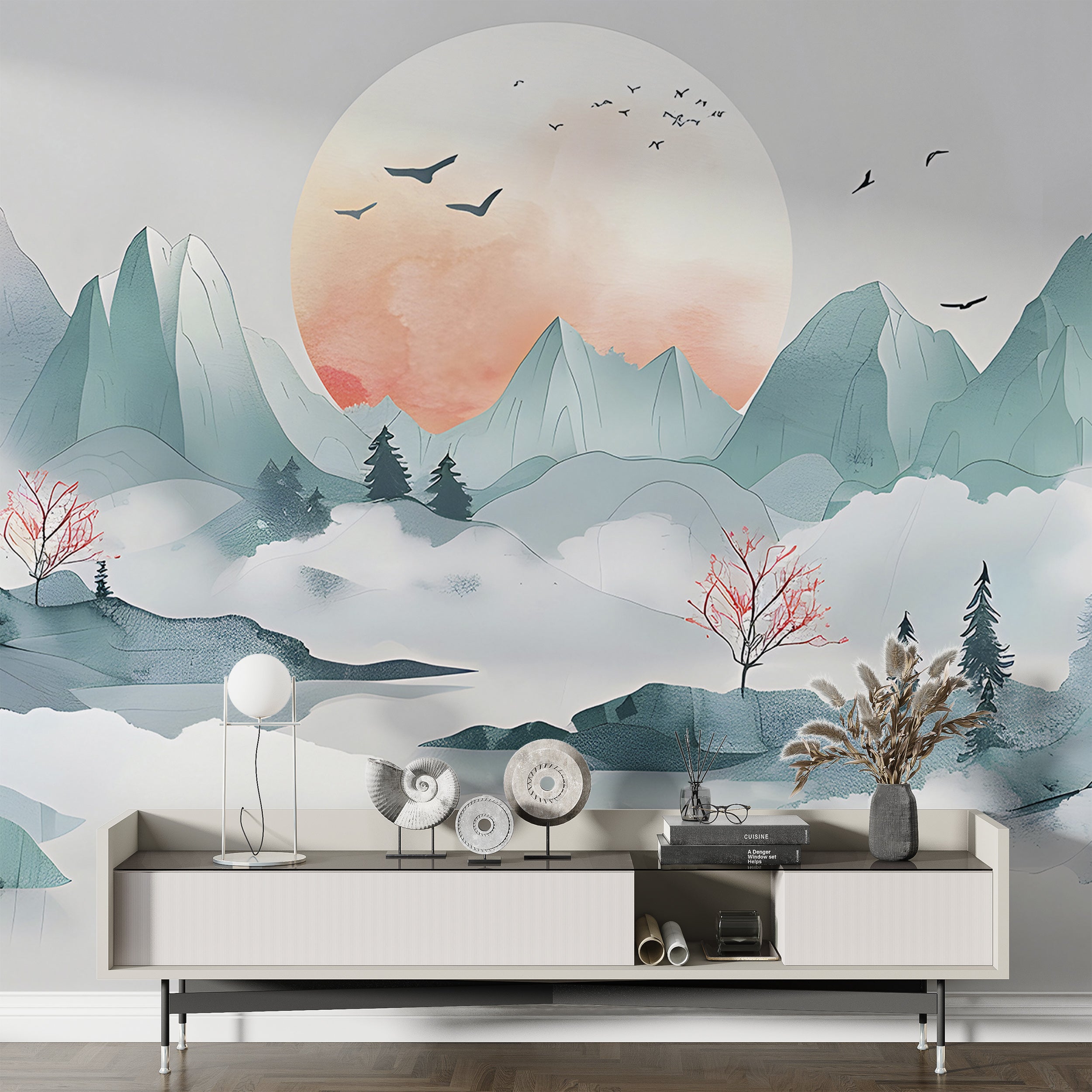 Japanese Abstract Landscape Mural, Peel and Stick Pastel Green Mountains Wallpaper, Foggy Mountain Sunset Watercolor Wall Mural