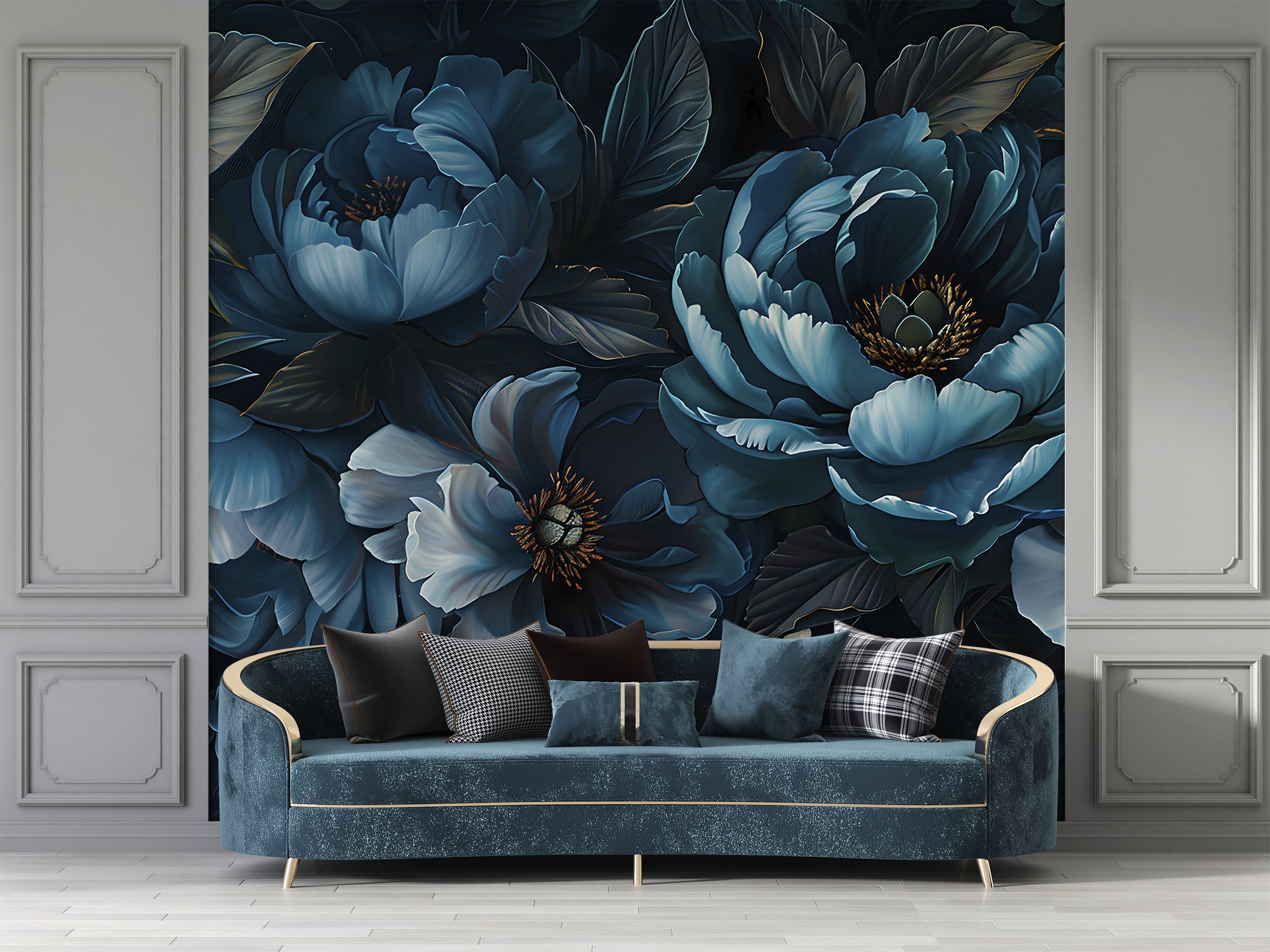 Dark Blue Peonies Mural, Peel and Stick Large Flowers Wallpaper, Removable Deep Blue Floral Wall Decal, Peony Accent Wall Art, PVC free Decor