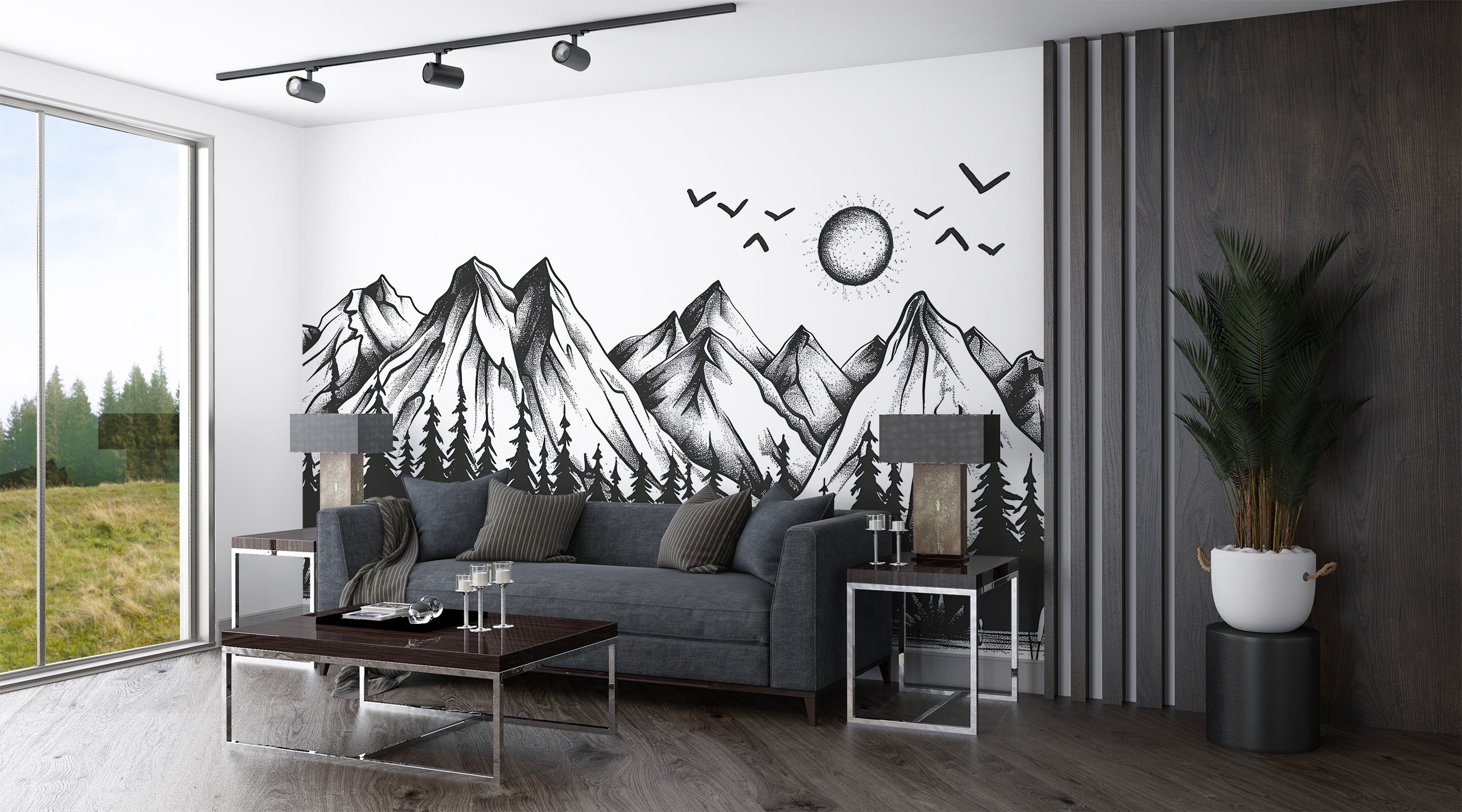 Mountains and Forest in Doodling Style Mural, Black and White Wild Nature Landscape Wallpaper, Peel and Stick Birds Sun Mountains Art
