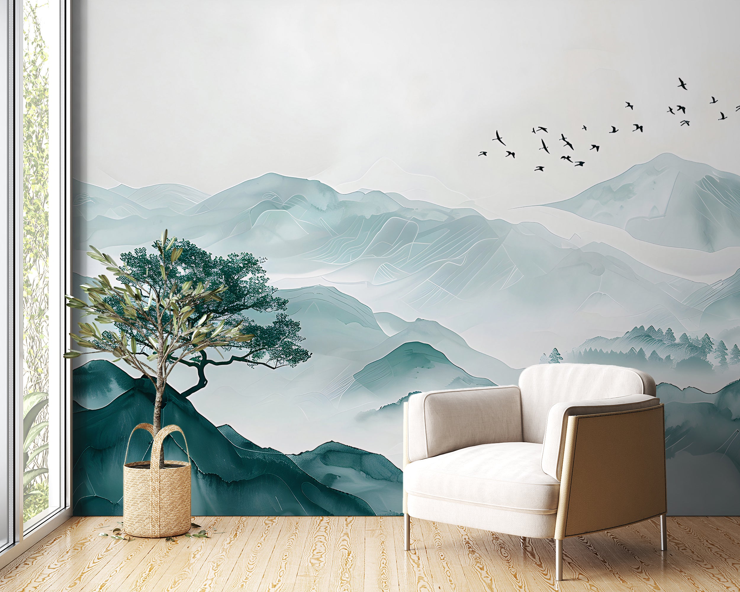 Bird Swallow and Mountains Mural, Peel and Stick Soft Green Misty Mountain Landscape Wallpaper, Abstract Foggy Nature Wall Decal