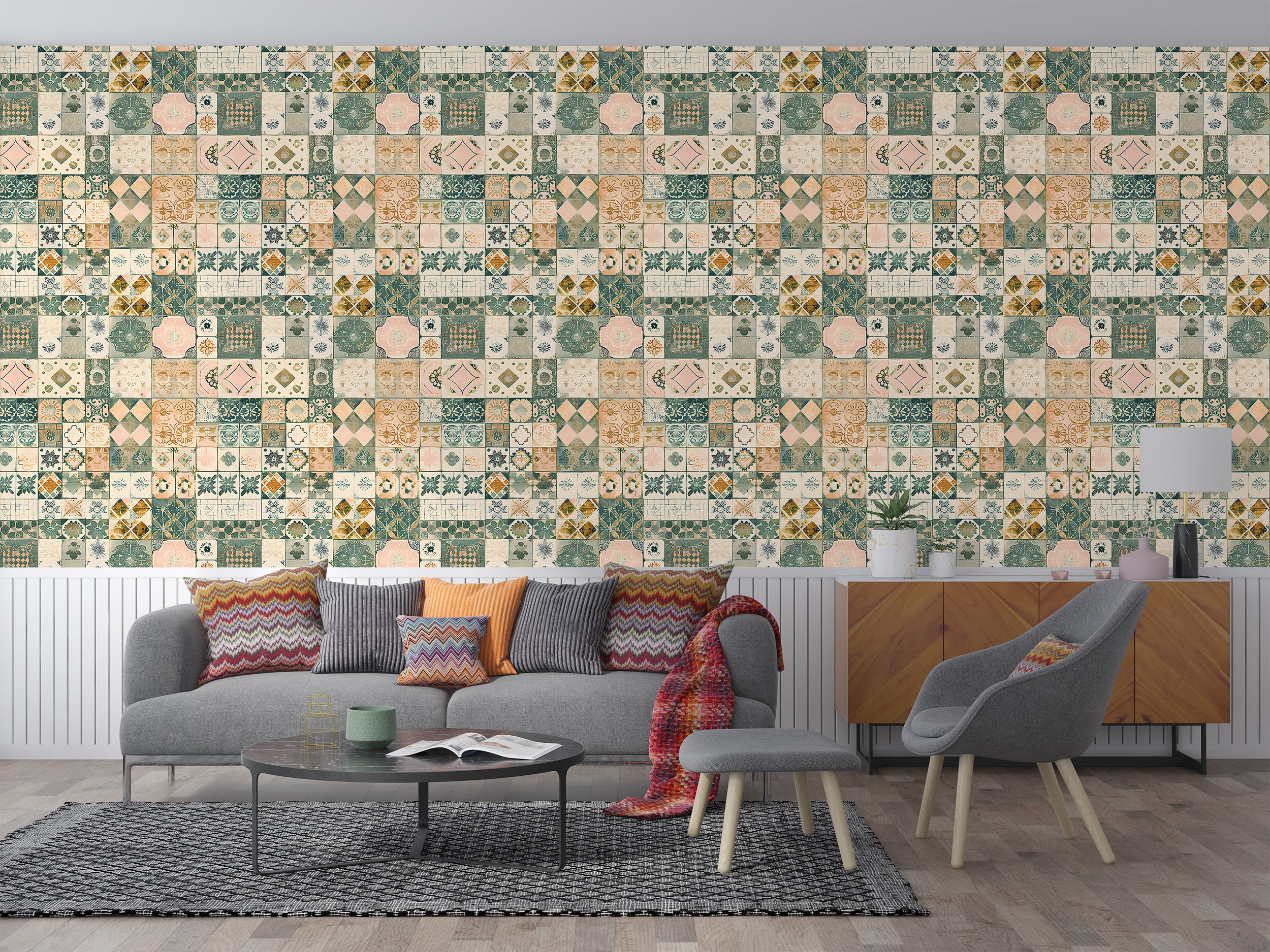 Moroccan Wallpaper, Patchwork Tiles Wallpaper, Green and Beige Tiles Wall Decal, Peel and Stick Watercolor Rustic Tiles Decor