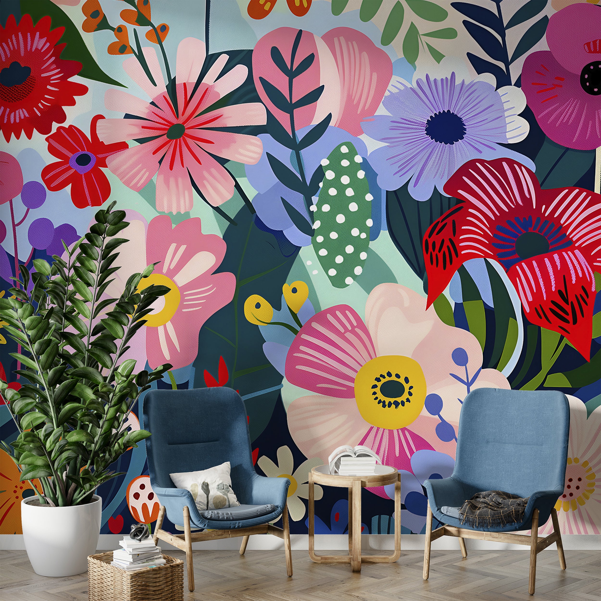 Colorful Abstract Flowers Wallpaper, Peel and Stick Modern Floral Mural, Large Wild Flowers Wall Decor, Removable Meadow Flowers Art
