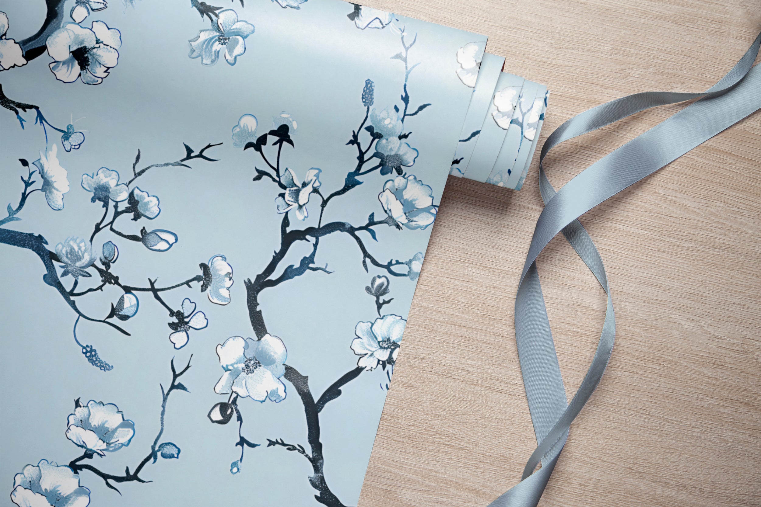 Delicate Blue Floral Wallpaper, Peel and Stick Blossom Branches, Watercolor Light Botanical Wallpaper, Tree Flowers Wall Decor