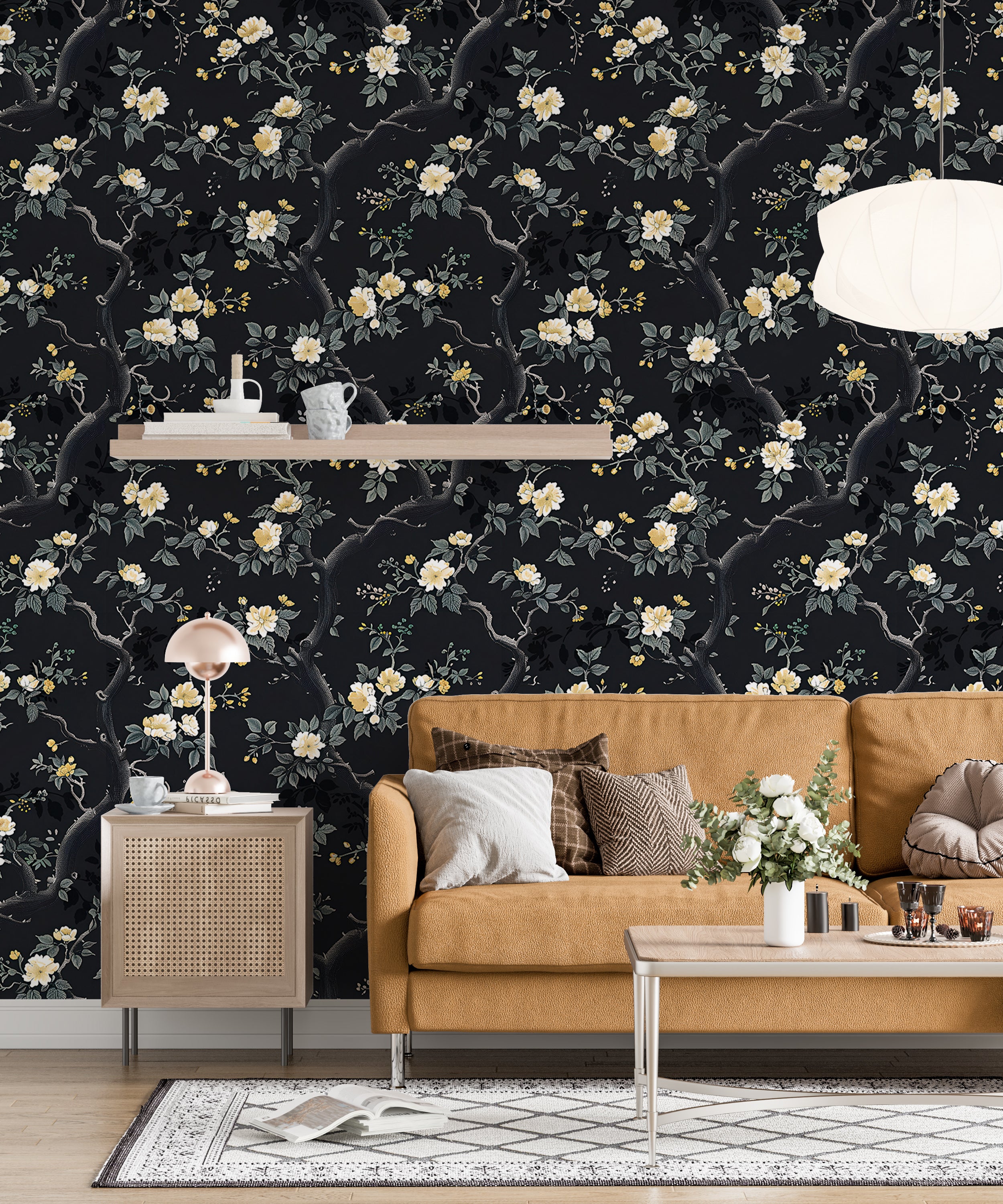 Black Chinoiserie Wallpaper, Peel and Stick Dark Floral, Removable Dark Leaves and Branches Wallpaper, Small Flowers Wallpaper