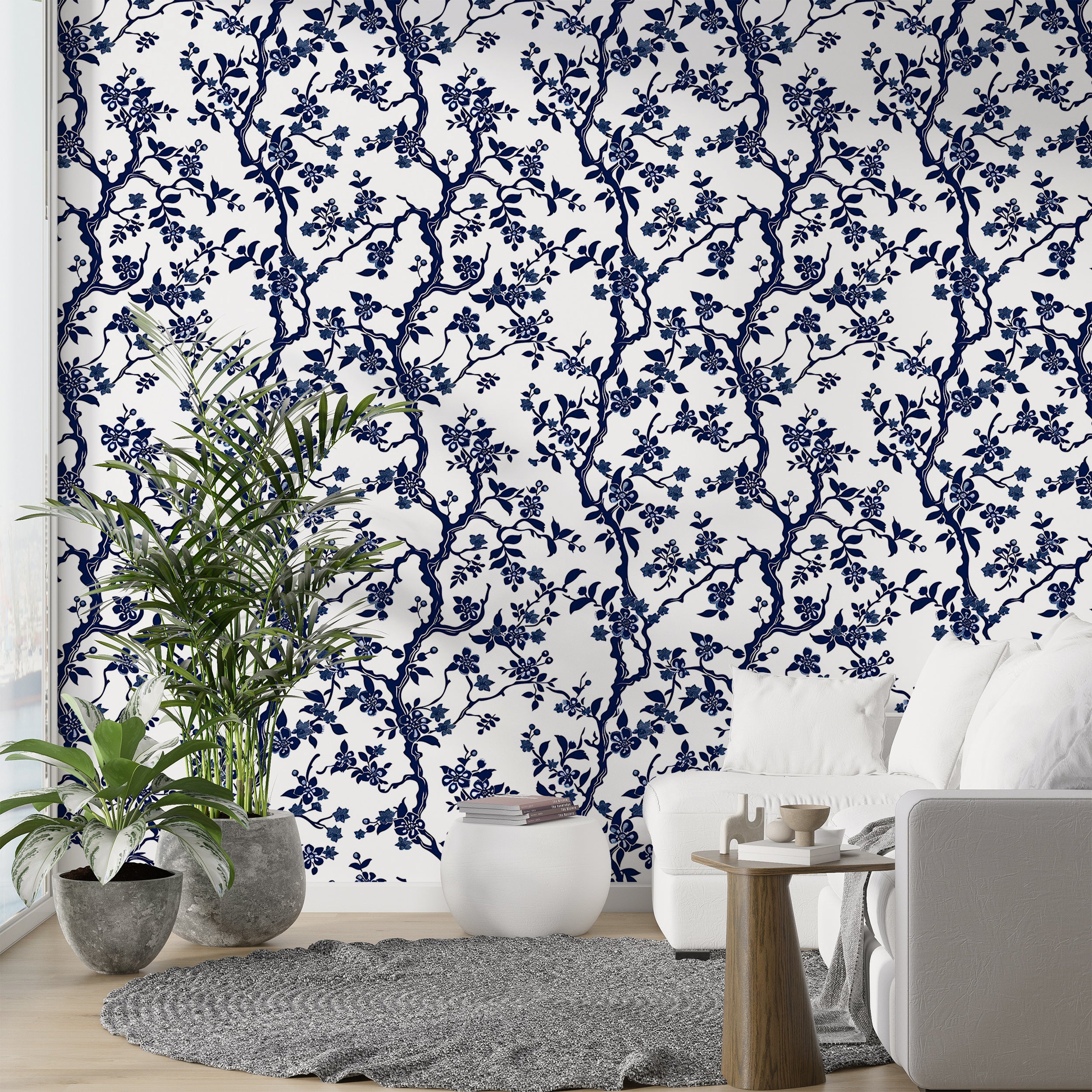 Blue Branches with Leaves and Flowers Wallpaper, Peel and Stick Blossom Tree Wallpaper, Blue and White Botanical, Chinoiserie Floral Decor