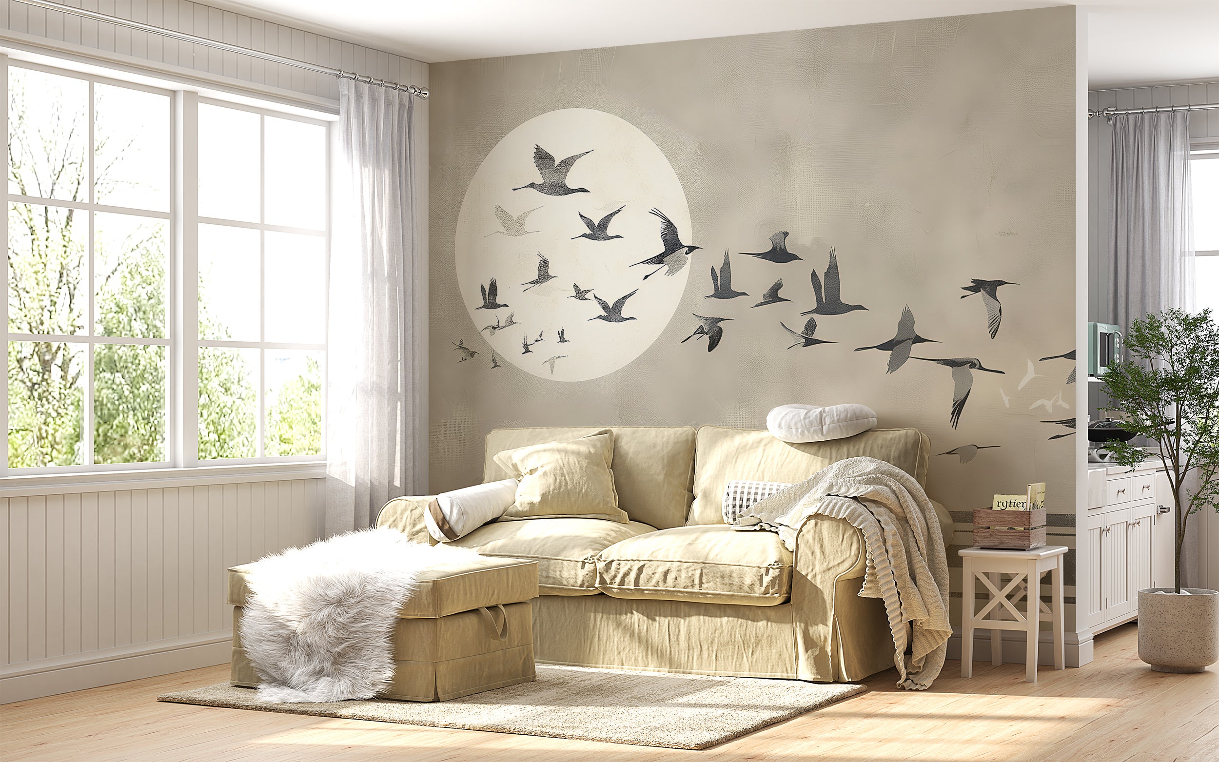 Birds and Sun Wall Mural, Abstract Beige Japanese Style Wallpaper, Peel and Stick Nature Wall Art, Minimalistic Bird Swallow Wallpaper