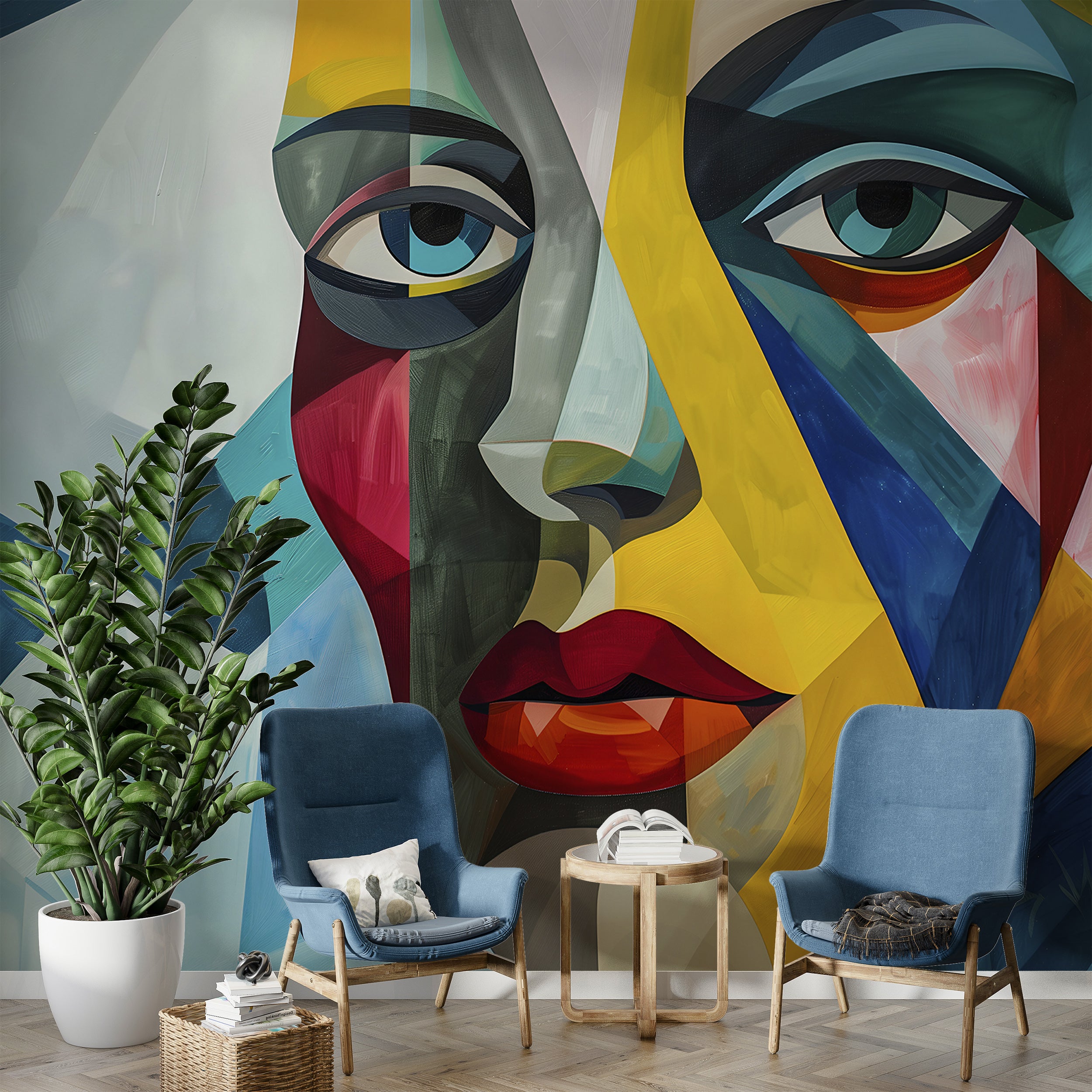 Abstract Cubism Wallpaper, Peel and Stick Abstract Face Mural, Removable Colorful Geometrical Wallpaper, Shapes Modern Art